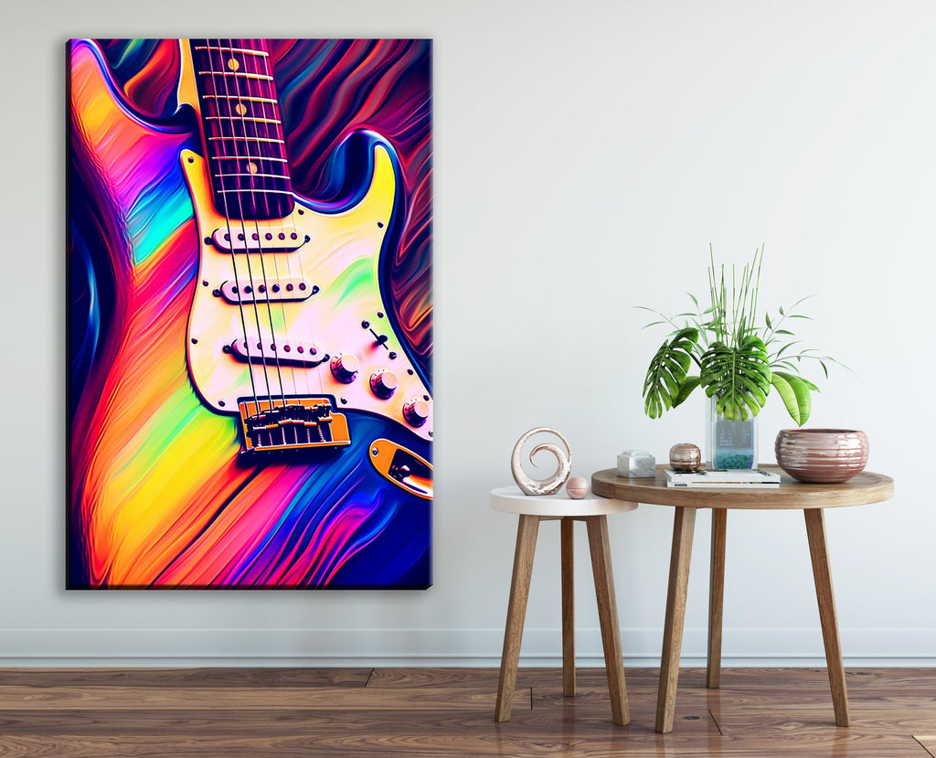 Electric Guitar Wall Art - Synthwave Neon Guitar Canvas Art | Large Vibrant Music Decor