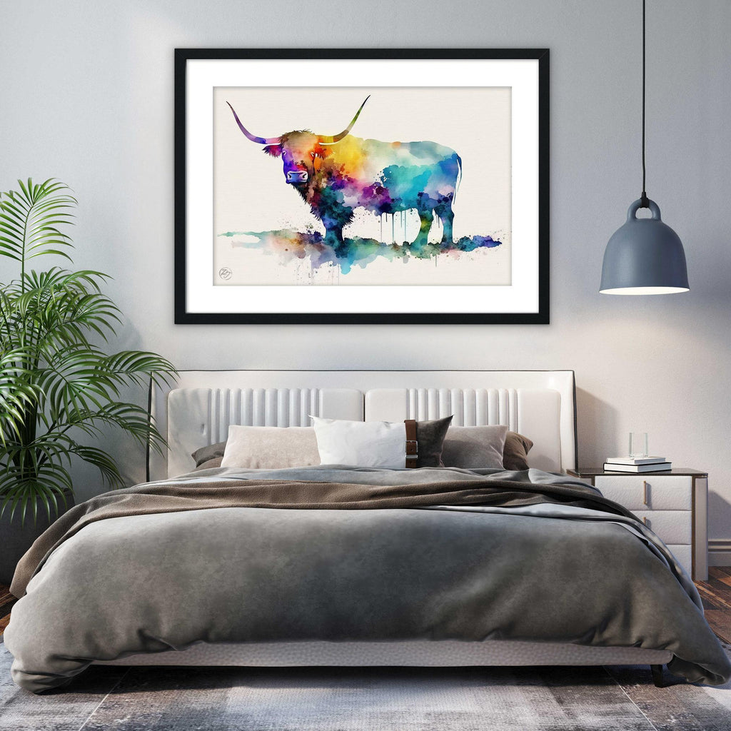 Nature's Charm: Highland Cow Watercolor Wall Art, Giclee Print on Canvas, Artist Paper, Watercolor Paper, Available in Extra Large Sizes