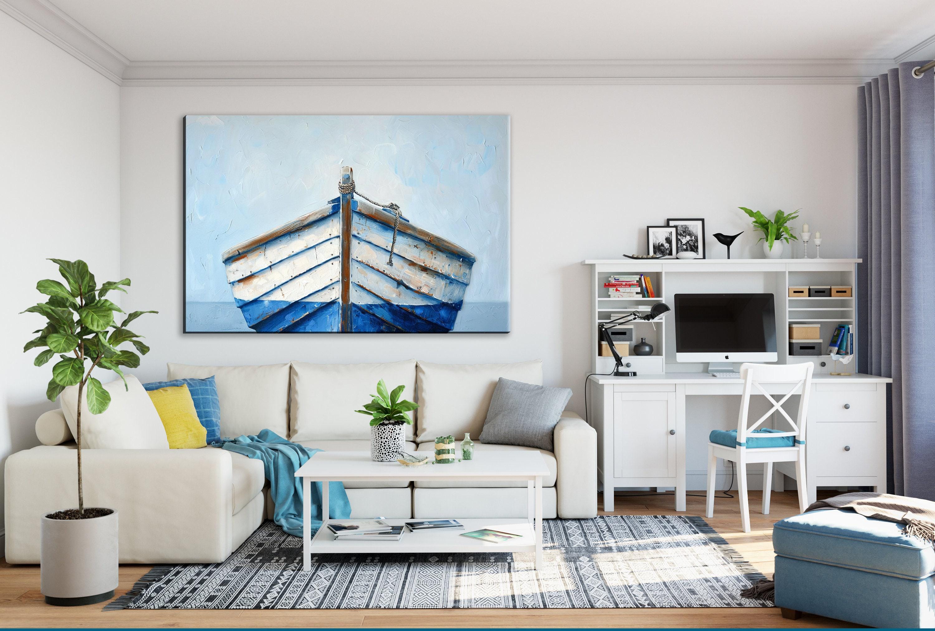 Blue White Wooden Boat - Nautical Wall Art | Large Gallery Wrapped Canvas Print