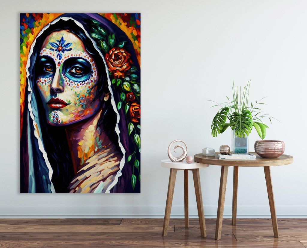 a large, colorful painting of a woman's face with intricate floral and geometric patterns, hanging on a wall next to a small round table with a plant and other decorative items.