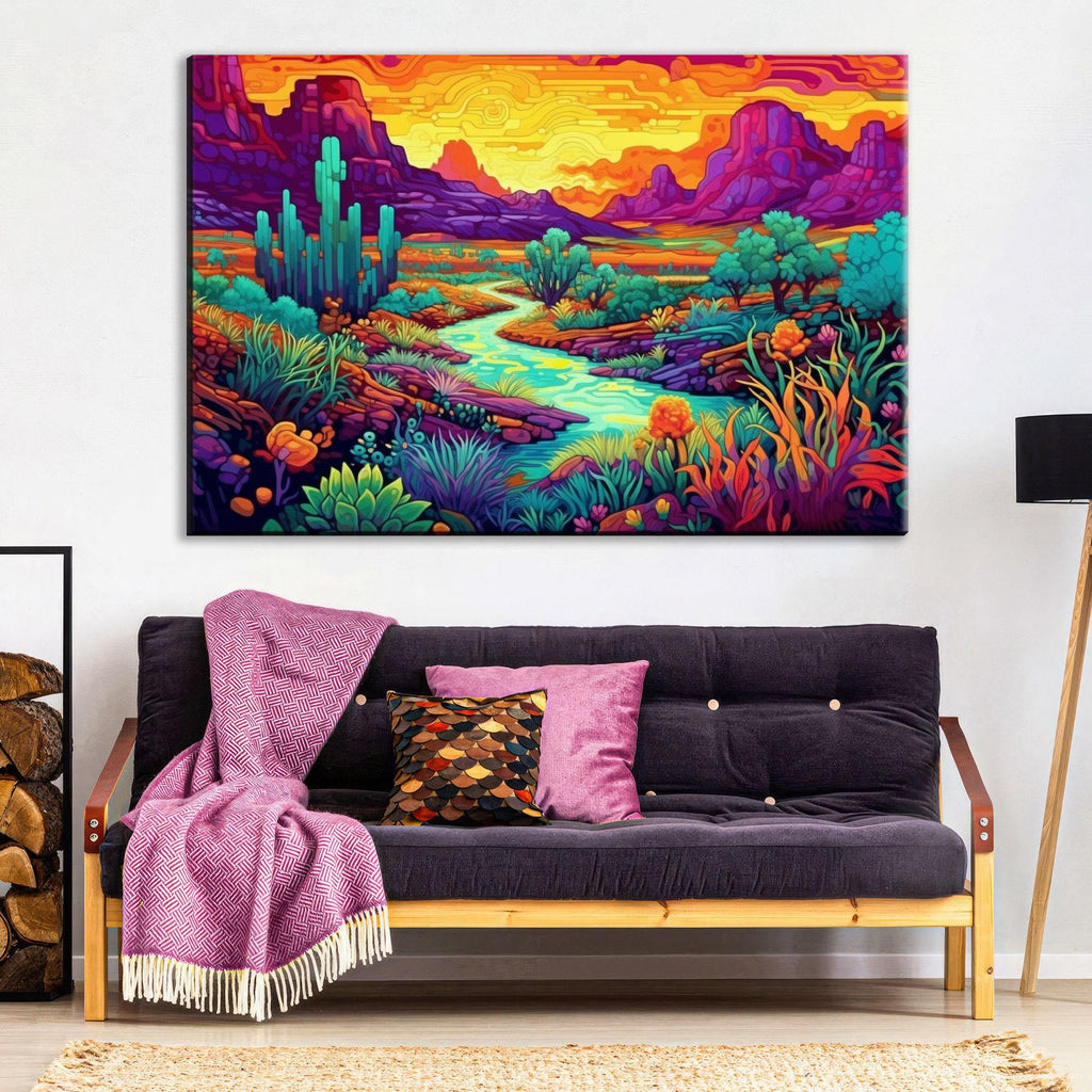 Neon Desert Canvas - Vibrant Southwest Wall Art | Phad Style Painting on Large Canvas