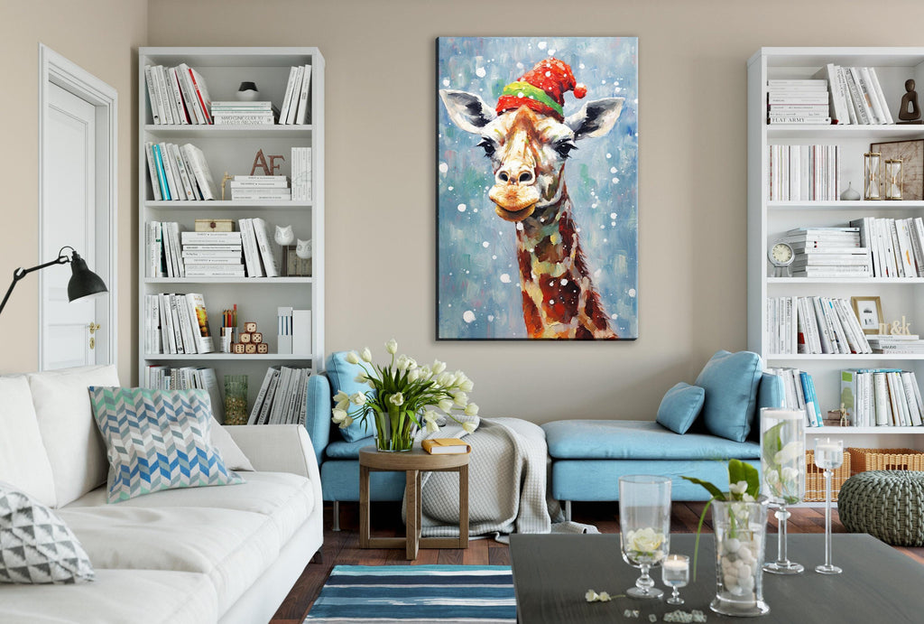 Giraffe In Santa Hat - Whimsical Christmas Canvas Art | Extra Large Gallery Wrapped Print