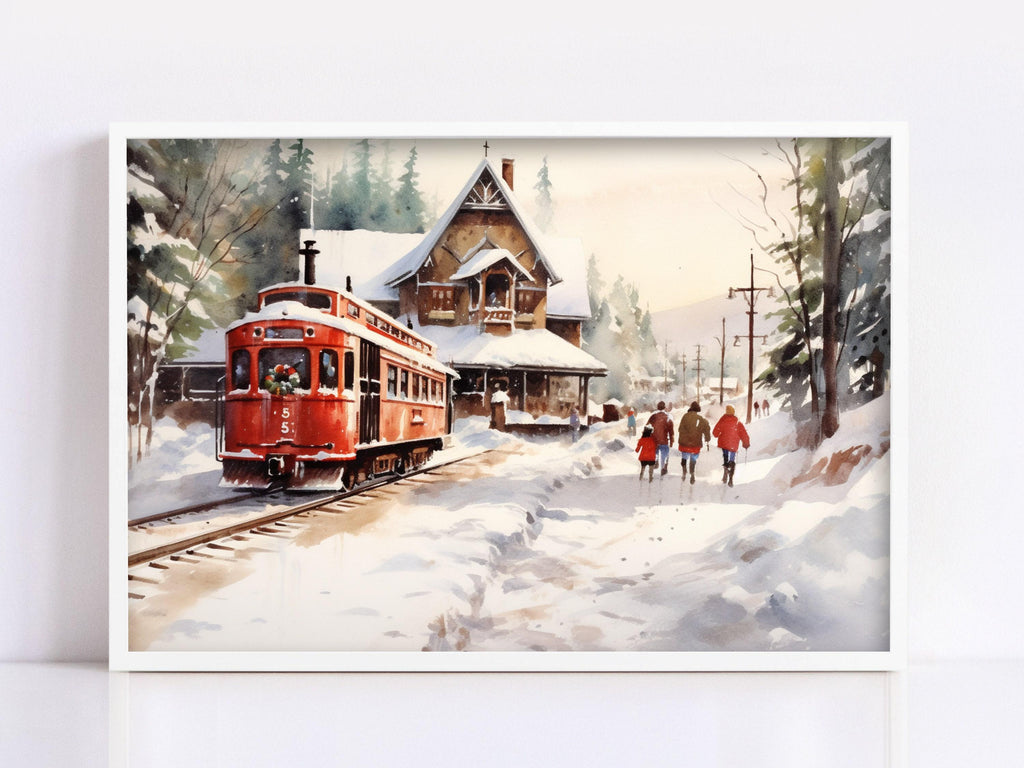 Winter Train Station Watercolor - Christmas Wall Art, Giclee Print on Canvas, Artist Paper, Watercolor Paper, Available in Extra Large Sizes
