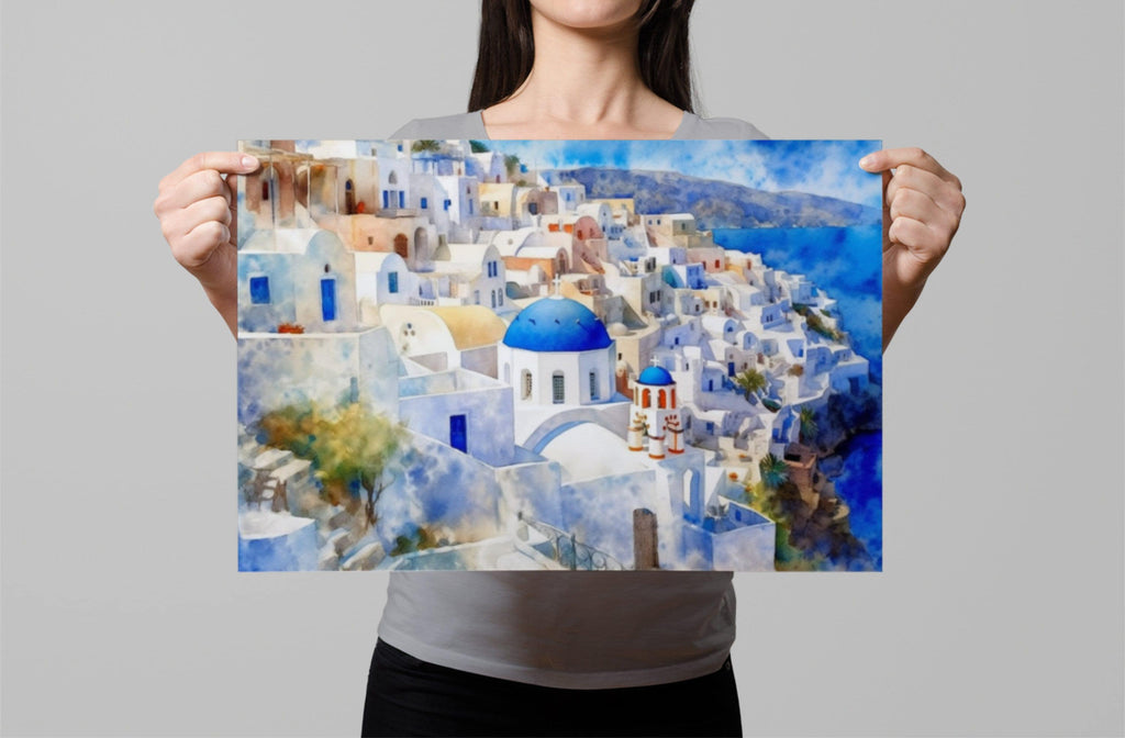Grecian Getaway - Santorini Landscape Wall Hanging, Giclee Print on Canvas, Artist Paper, Watercolor Paper, Available in Extra Large Sizes