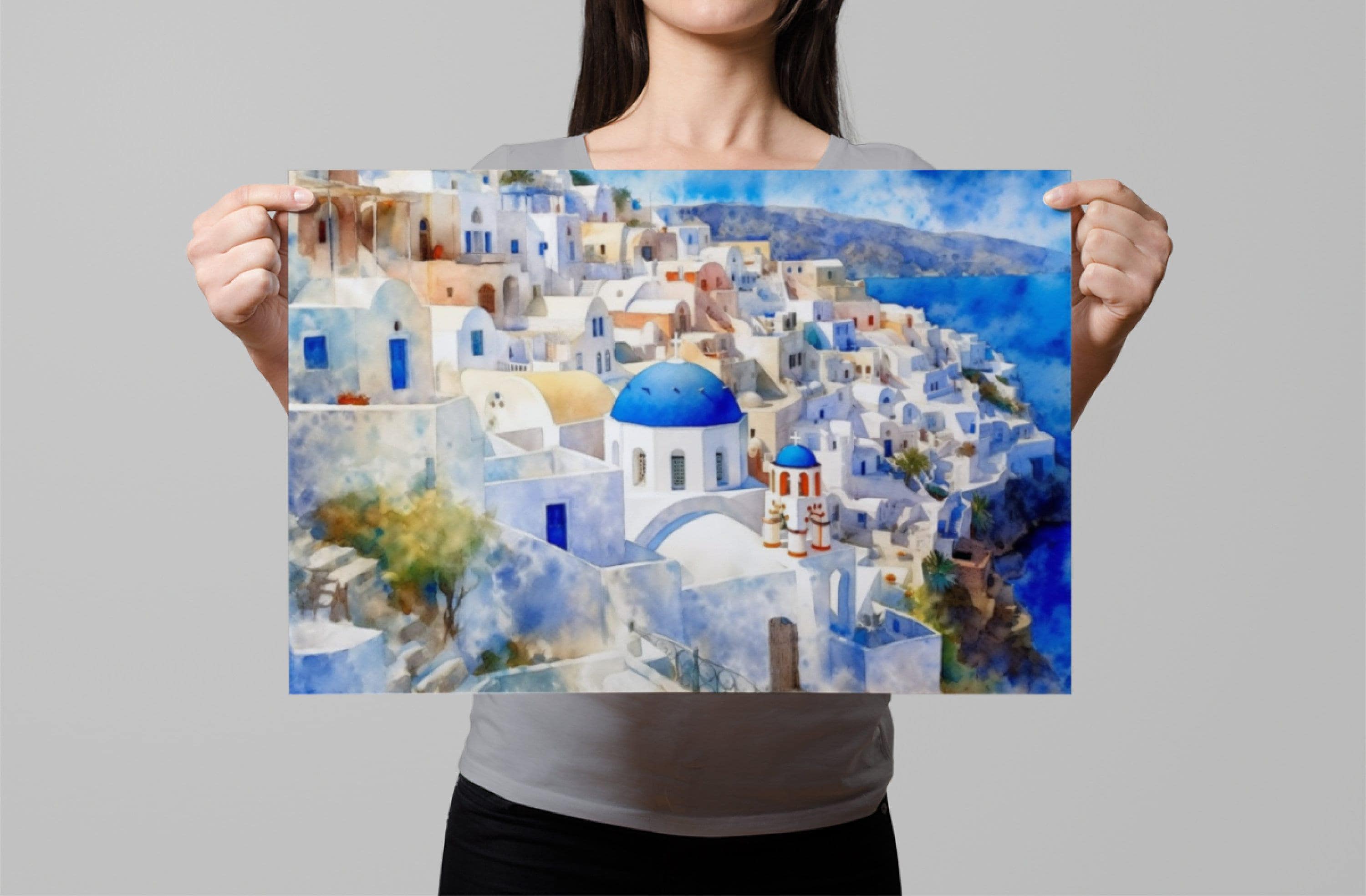 Grecian Getaway - Santorini Landscape Wall Hanging, Giclee Print on Canvas, Artist Paper, Watercolor Paper, Available in Extra Large Sizes
