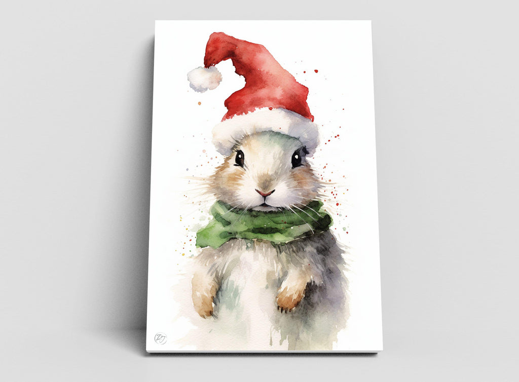 Festive Bunny in Santa Hat Watercolor Art Print, Giclee Print on Canvas, Artist Paper, Watercolor Paper, Available in Extra Large Sizes