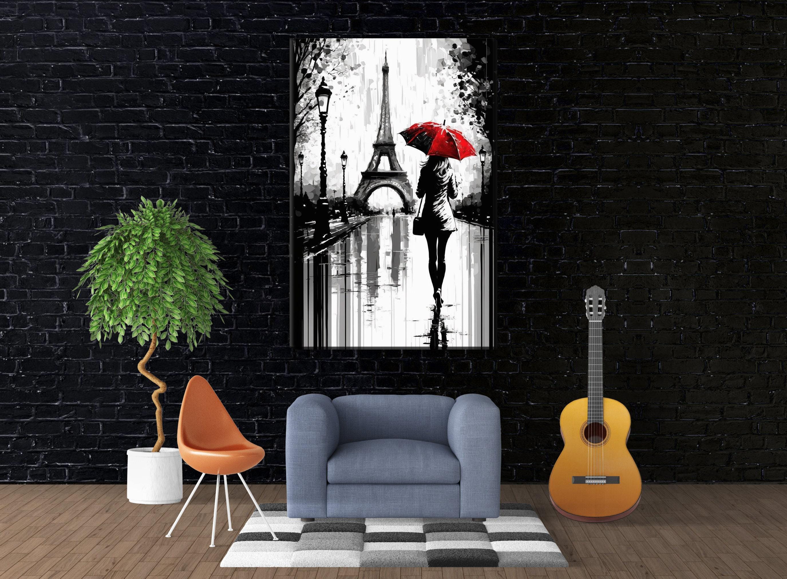 Paris Street Canvas – Woman with Red Umbrella | Black and White Art with Touch of Red