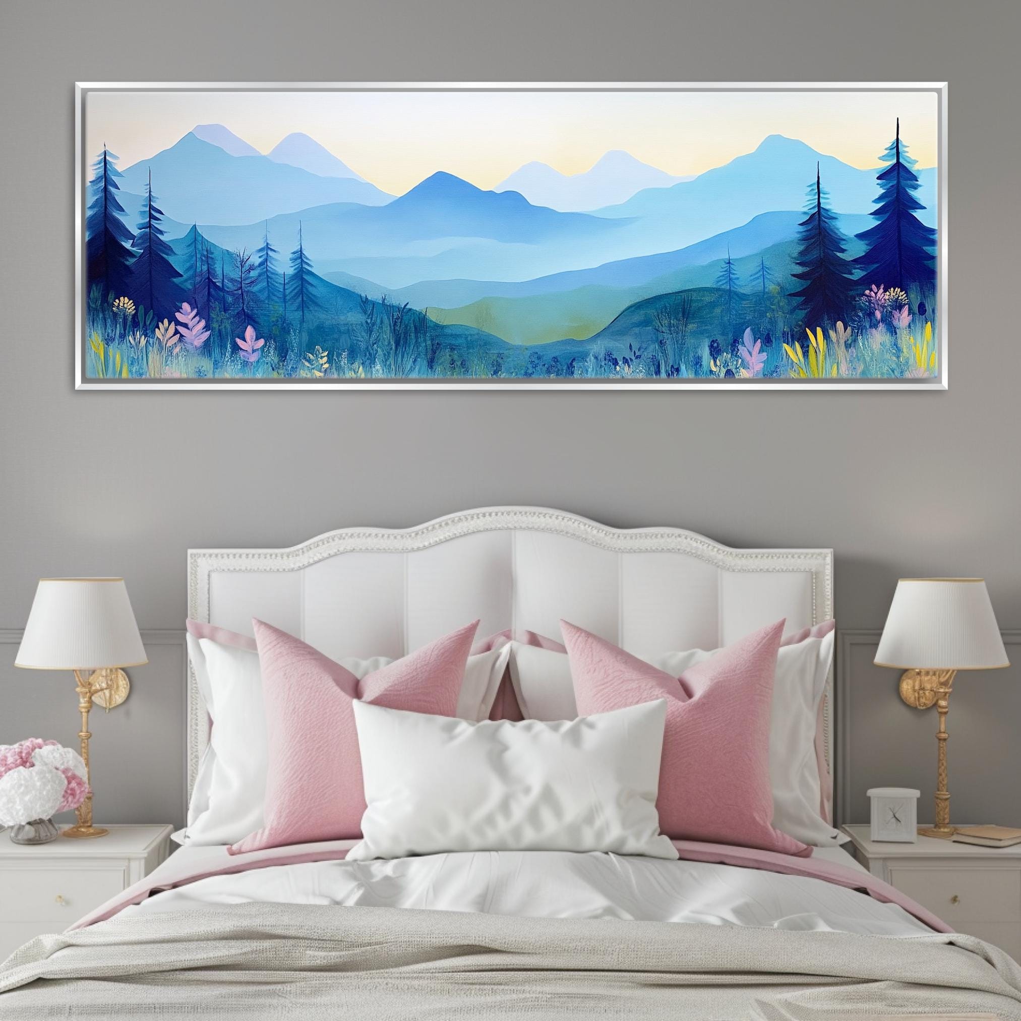 a bedroom with a large painting above the bed