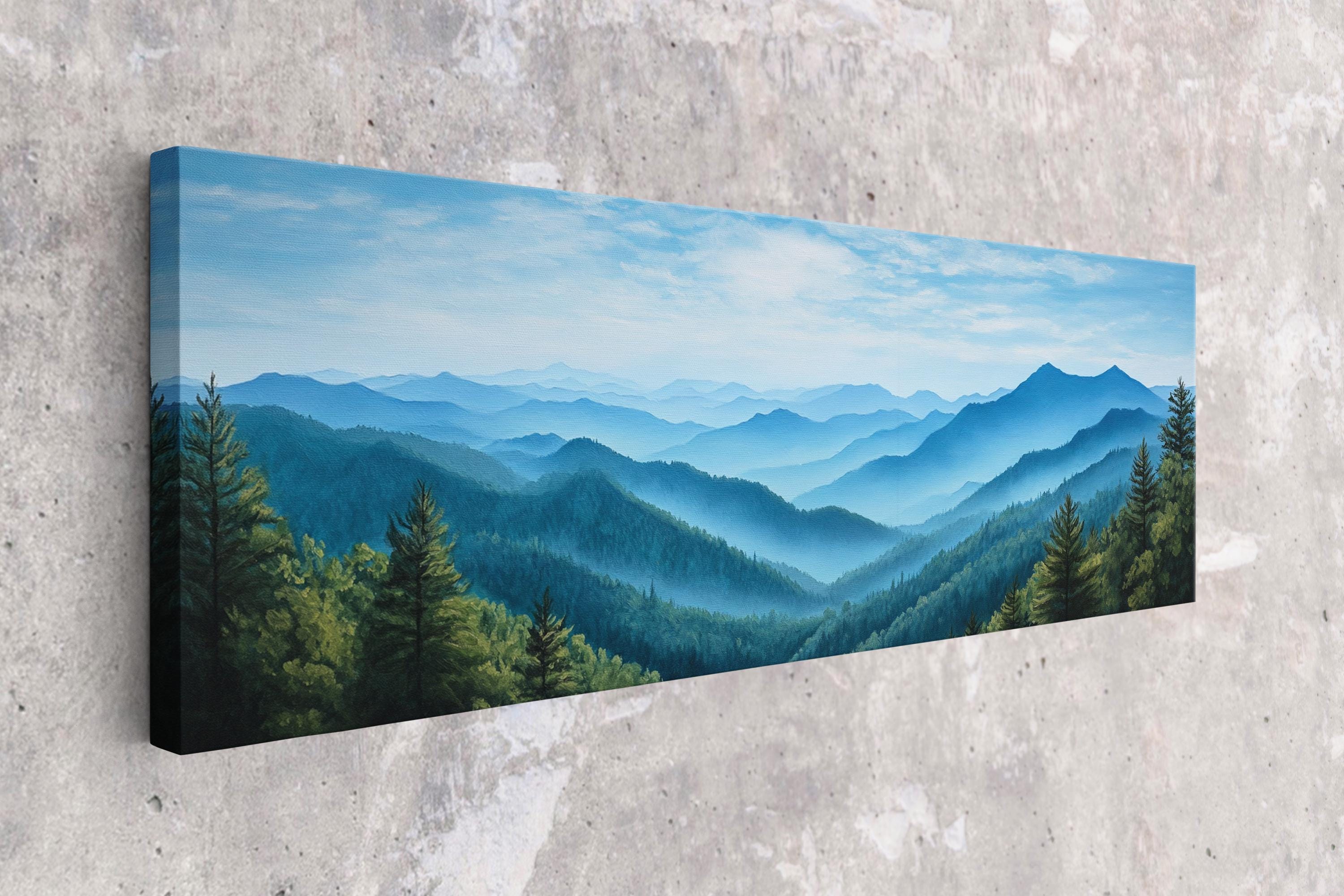 a painting on a wall of a mountain range