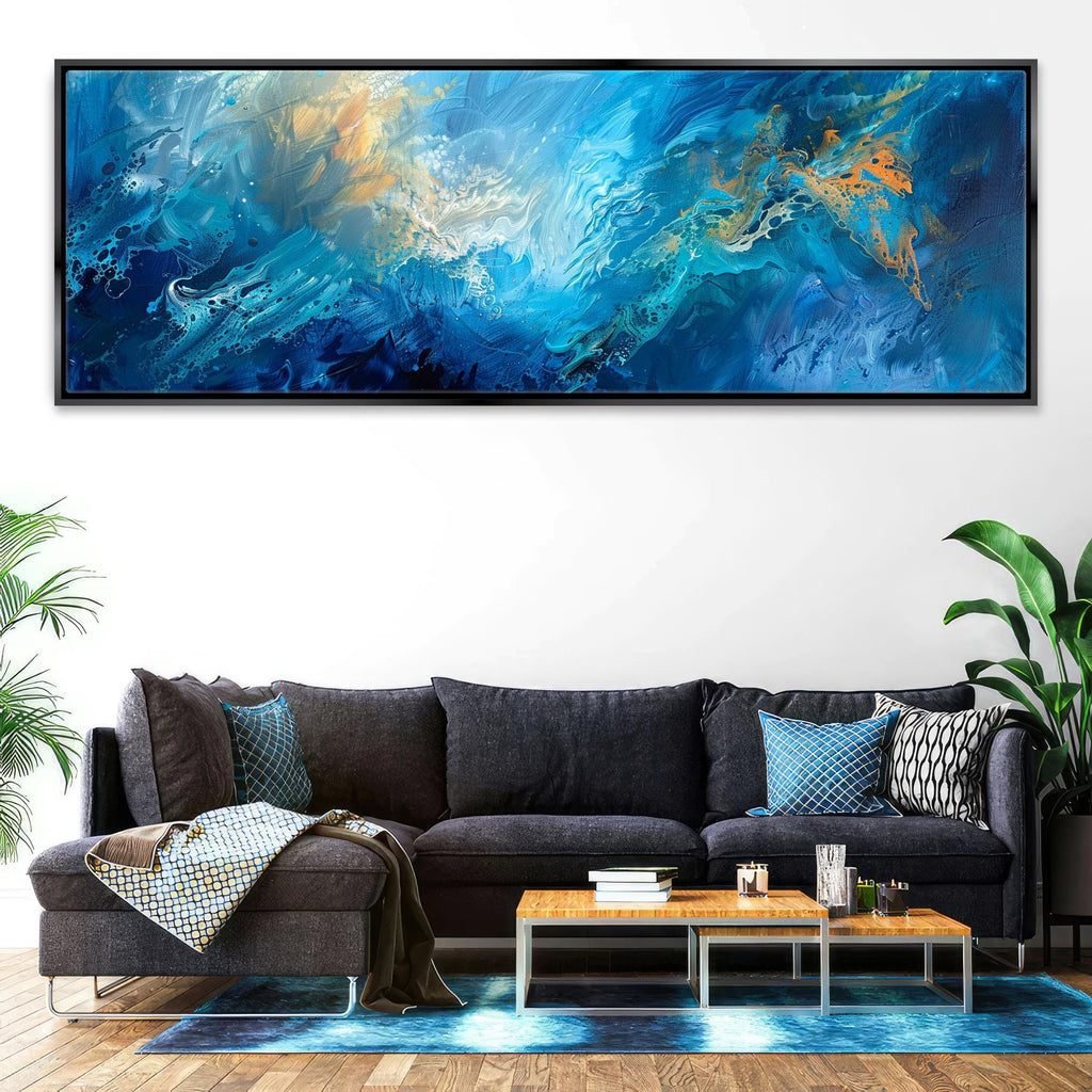 a living room with a couch and a painting on the wall