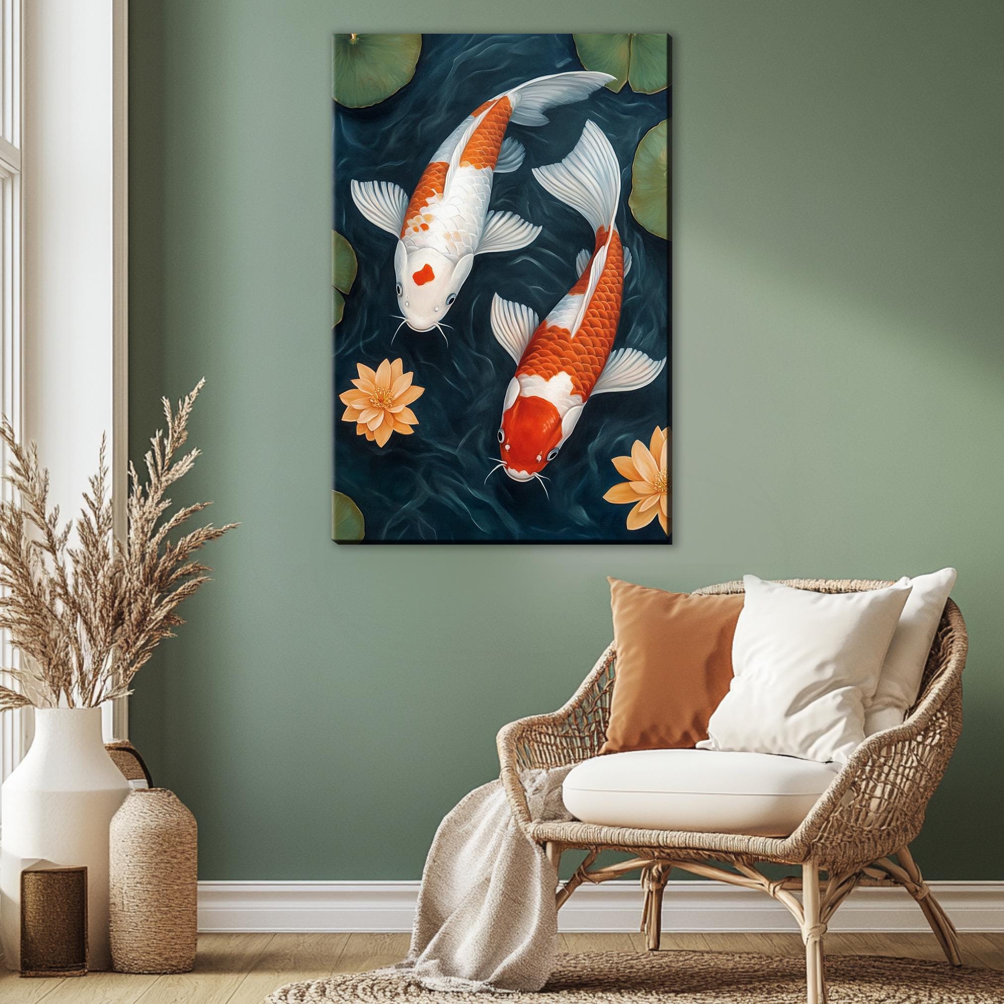 a painting of two koi fish swimming in a pond