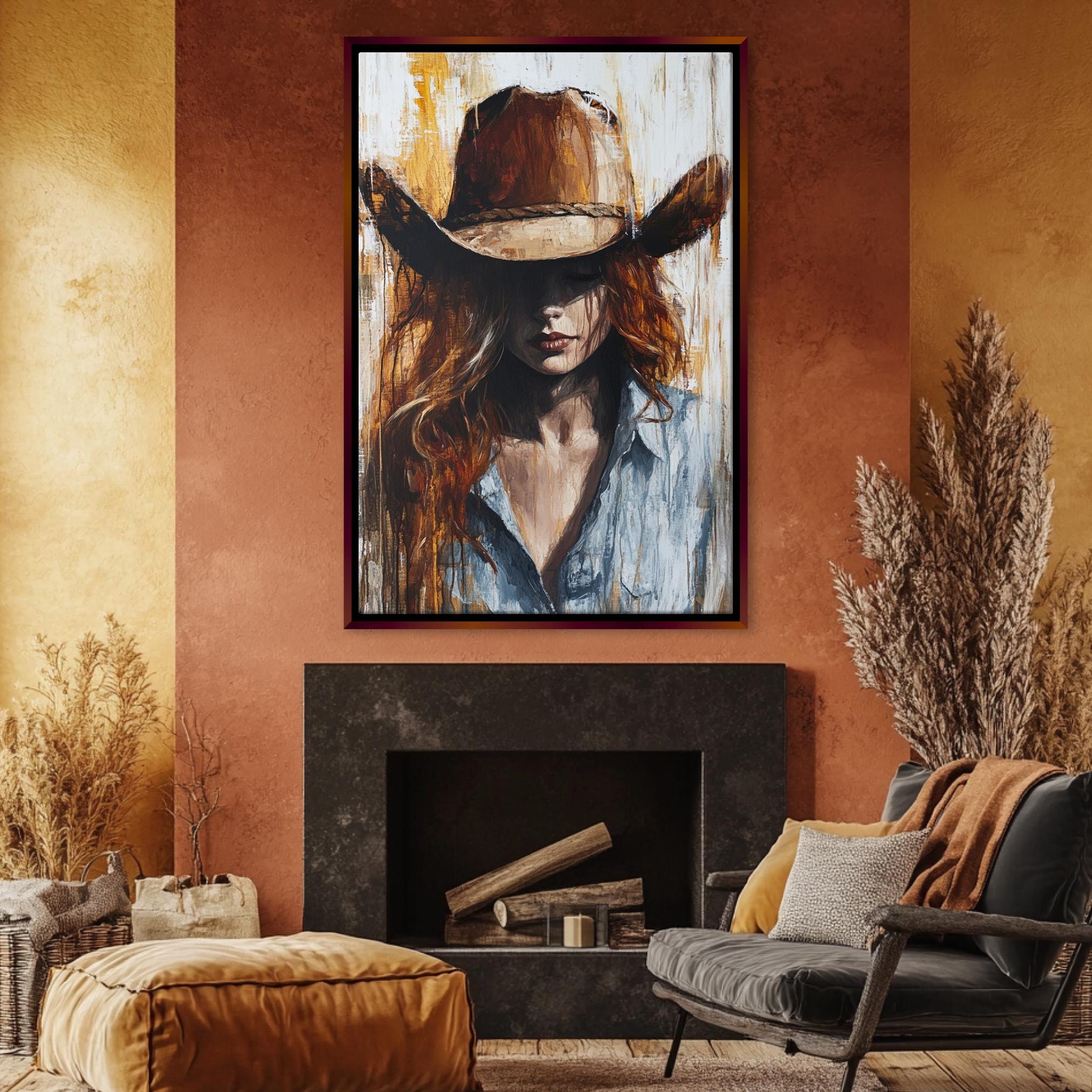a painting of a woman wearing a cowboy hat