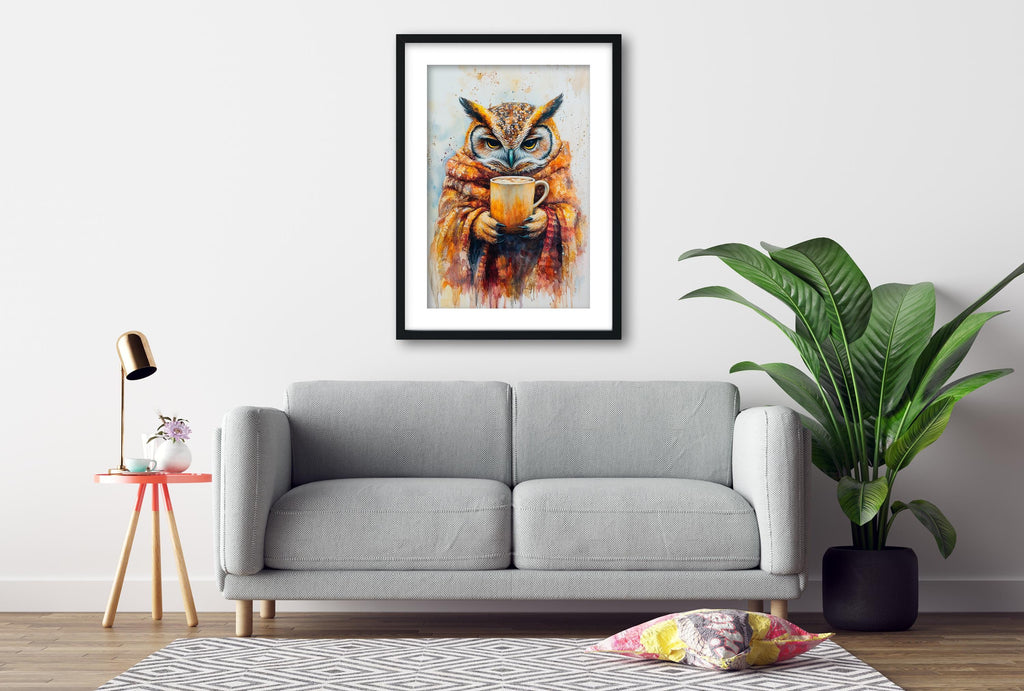 a gray sofa, a framed painting of an owl holding a cup, a small table with a lamp, and a potted plant, all set against a white wall.