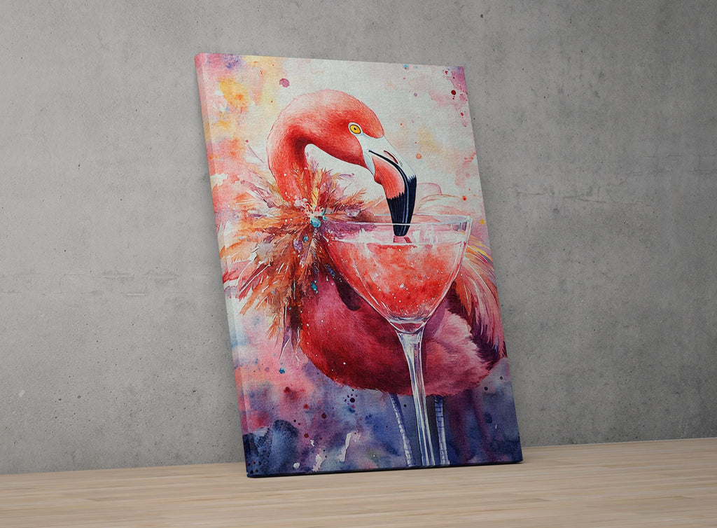 A vibrant painting of a flamingo standing in a martini glass, with splashes of color and a lively, energetic composition.