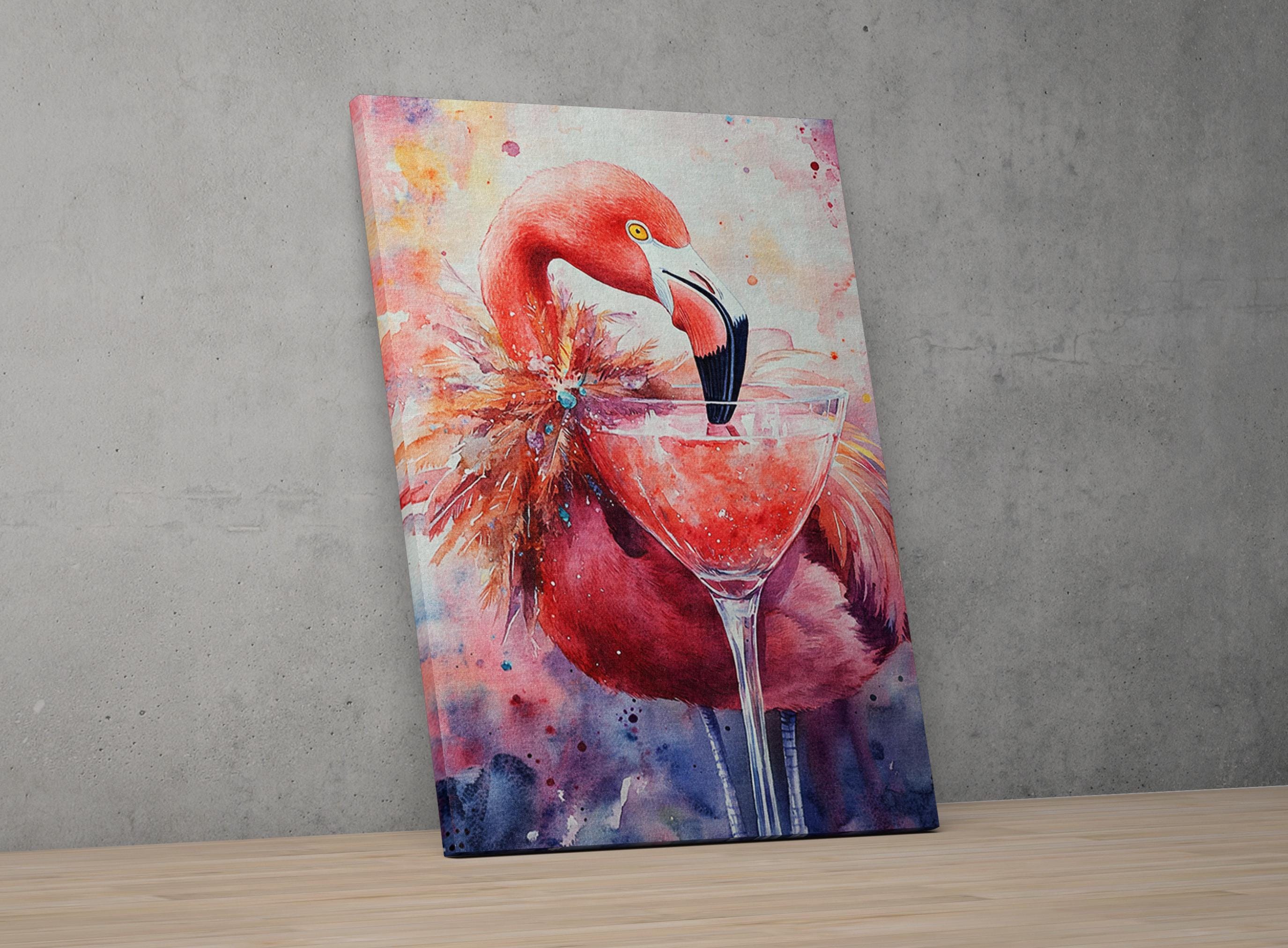 A vibrant painting of a flamingo standing in a martini glass, with splashes of color and a lively, energetic composition.
