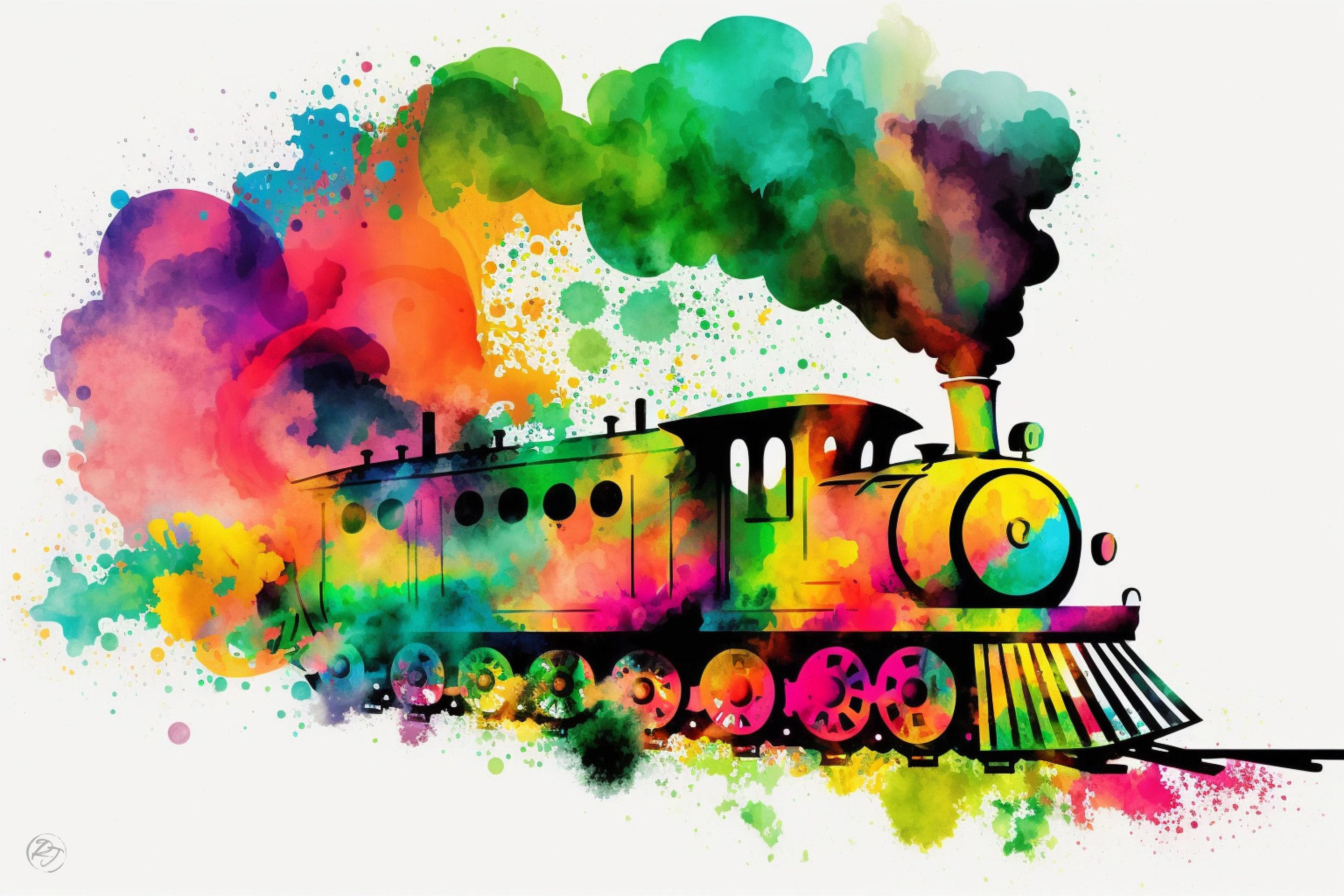 Steam Train Elegance: Watercolor Railroad Wall Decor, Giclee Print on Canvas, Artist Paper, Watercolor Paper, Available in Extra Large Sizes