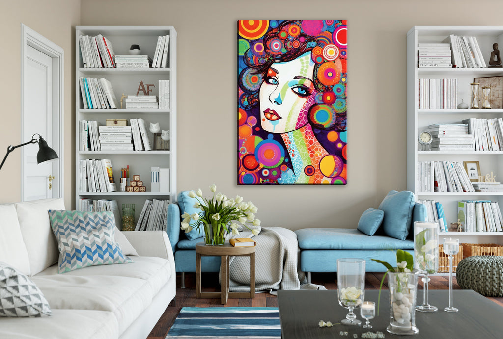 Retro Glam Canvas Art - Large Feminine Beauty Painting | Expressive Woman Face Pop Art