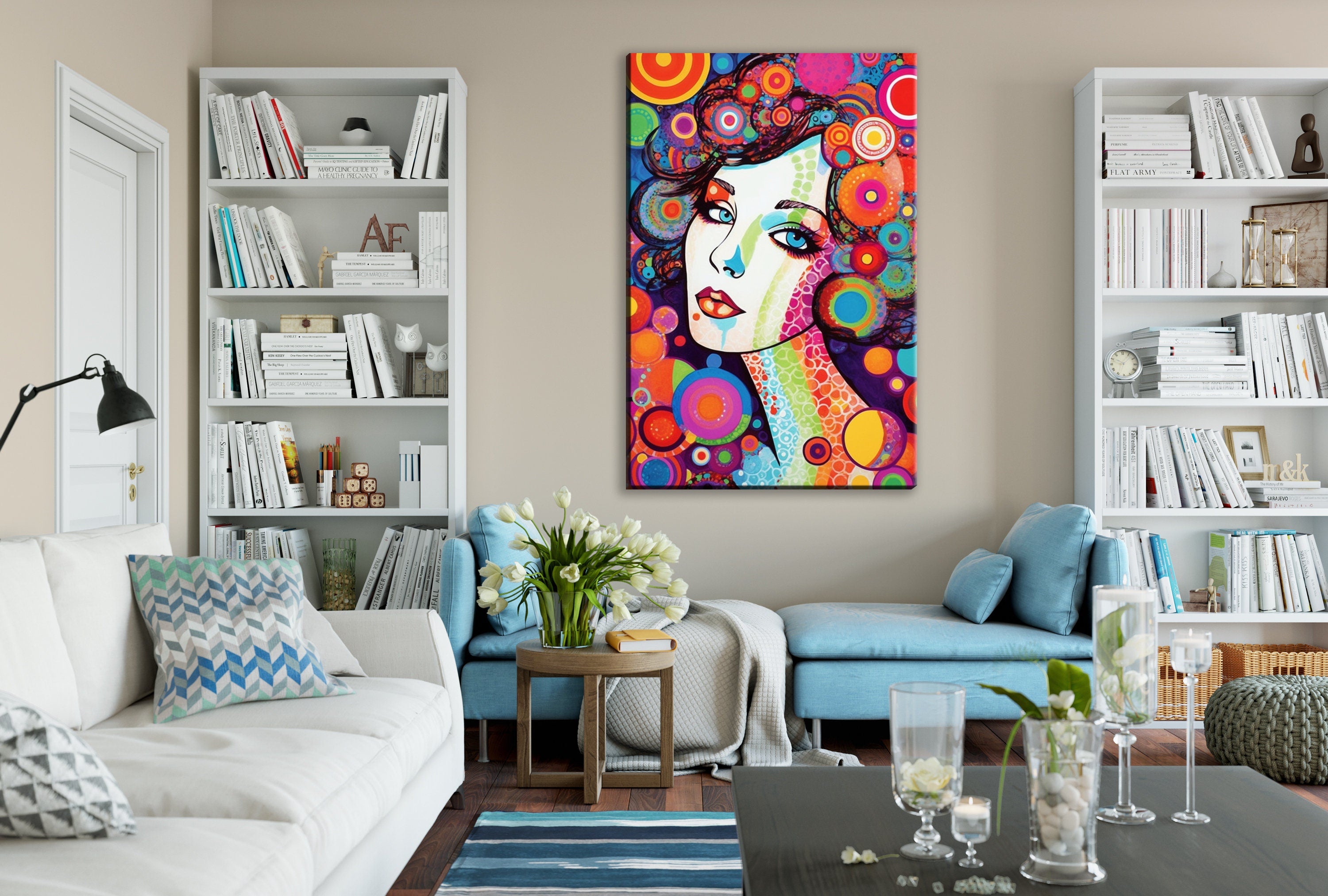 Retro Glam Canvas Art - Large Feminine Beauty Painting | Expressive Woman Face Pop Art