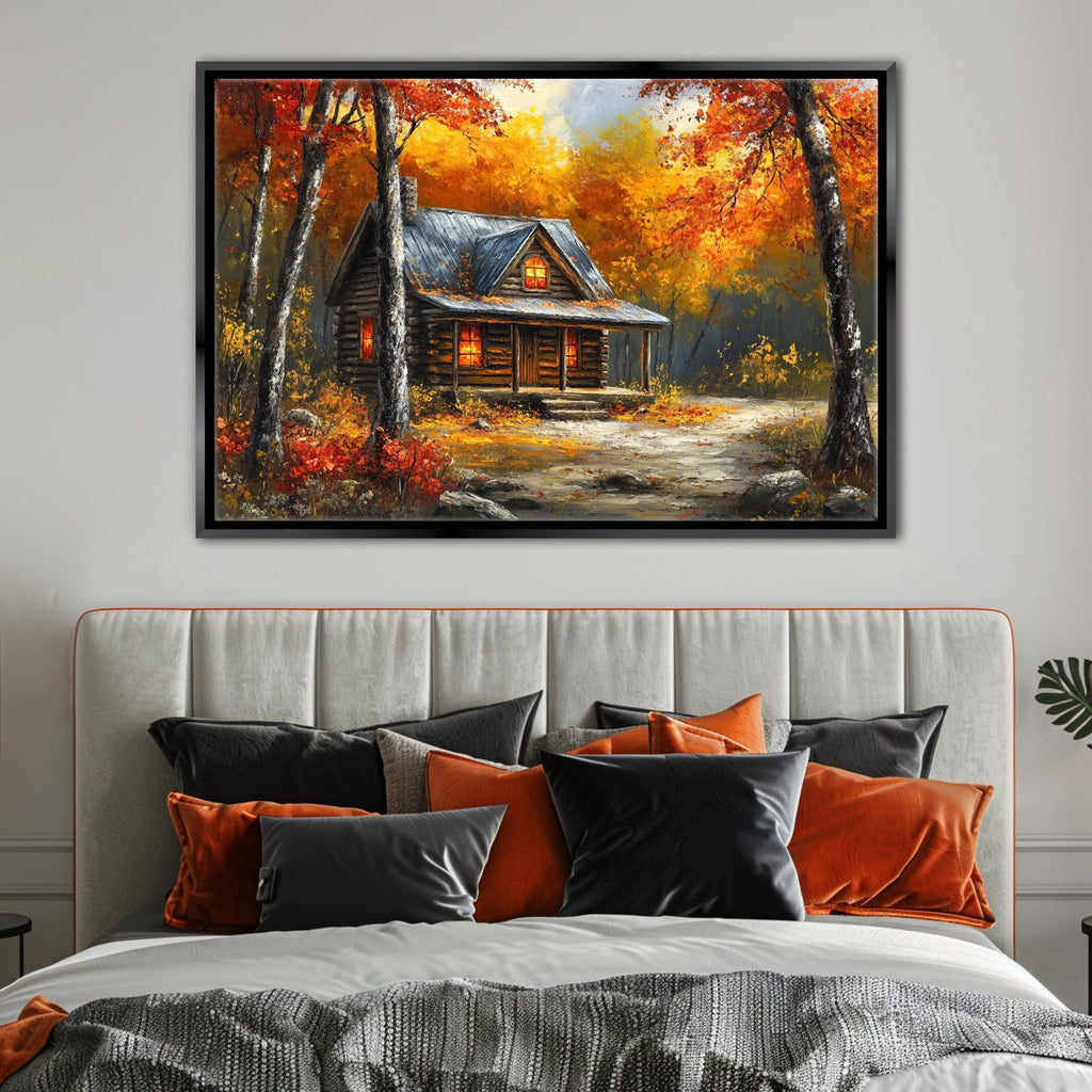 a cozy cabin nestled in a picturesque autumn landscape, surrounded by vibrant orange and yellow foliage.