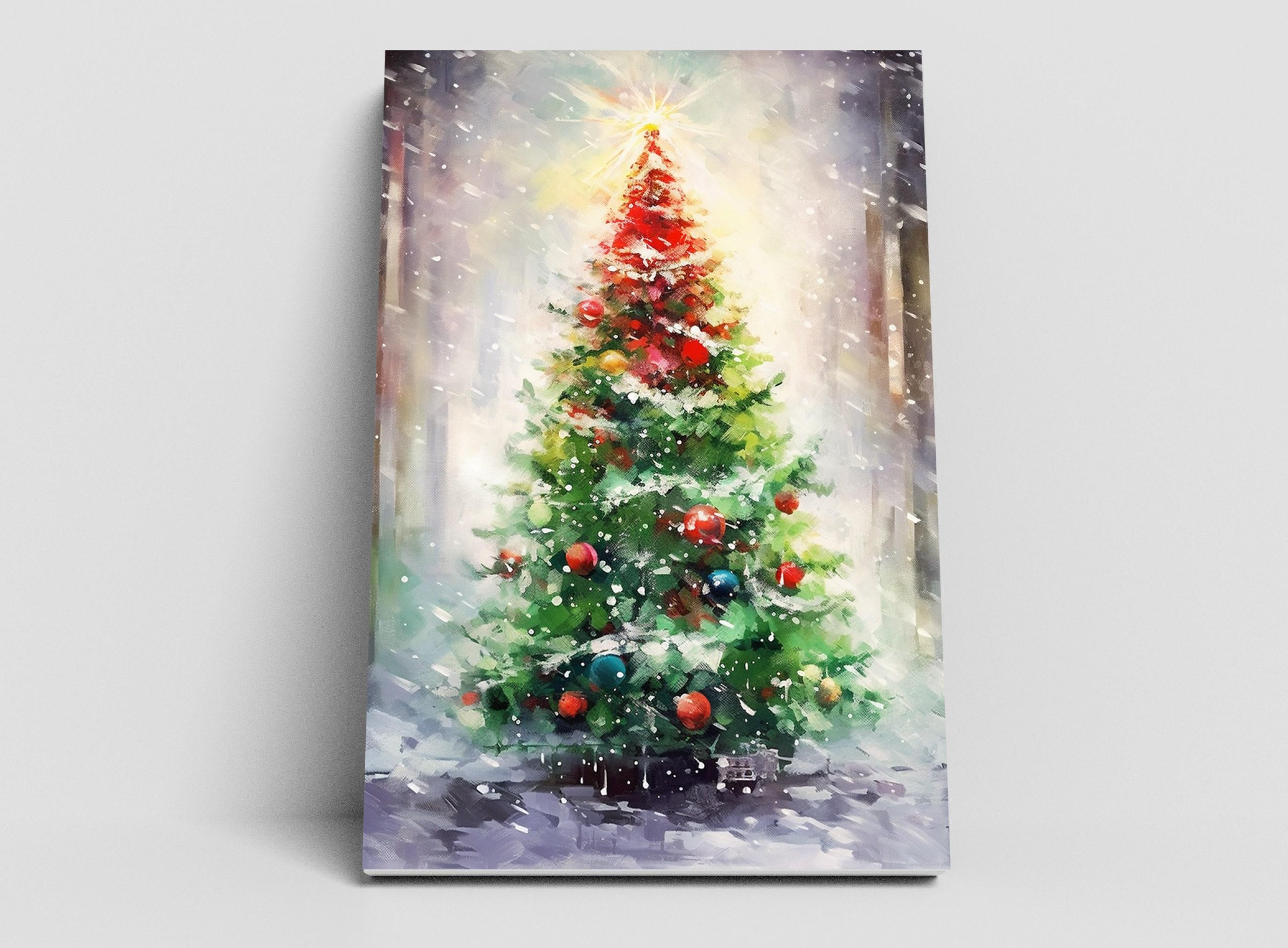 Snowy Christmas Tree Watercolor  - Seasonal Festive Decor, Print on Canvas, Artist Paper, Watercolor Paper, Available in Extra Large Sizes