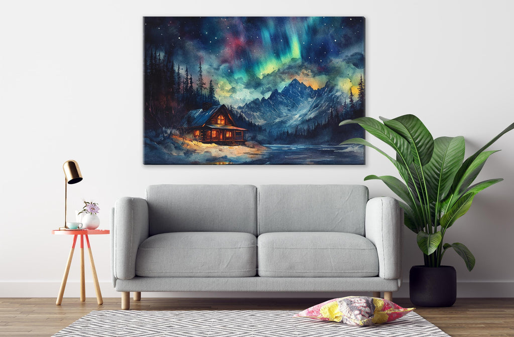 a cozy living room with a gray sofa, a wooden side table with a lamp, and a large painting of a cabin in the background, depicting a serene mountain landscape under a starry night sky.