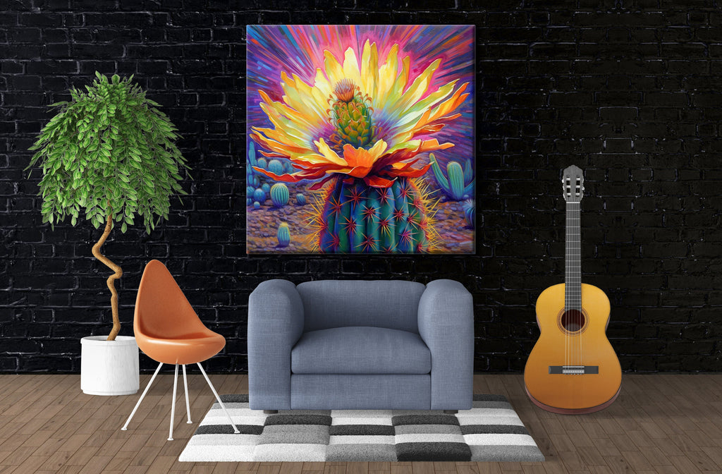 Saguaro Bloom Canvas – Vibrant Desert Cactus Art | Large Colorful Wall Print