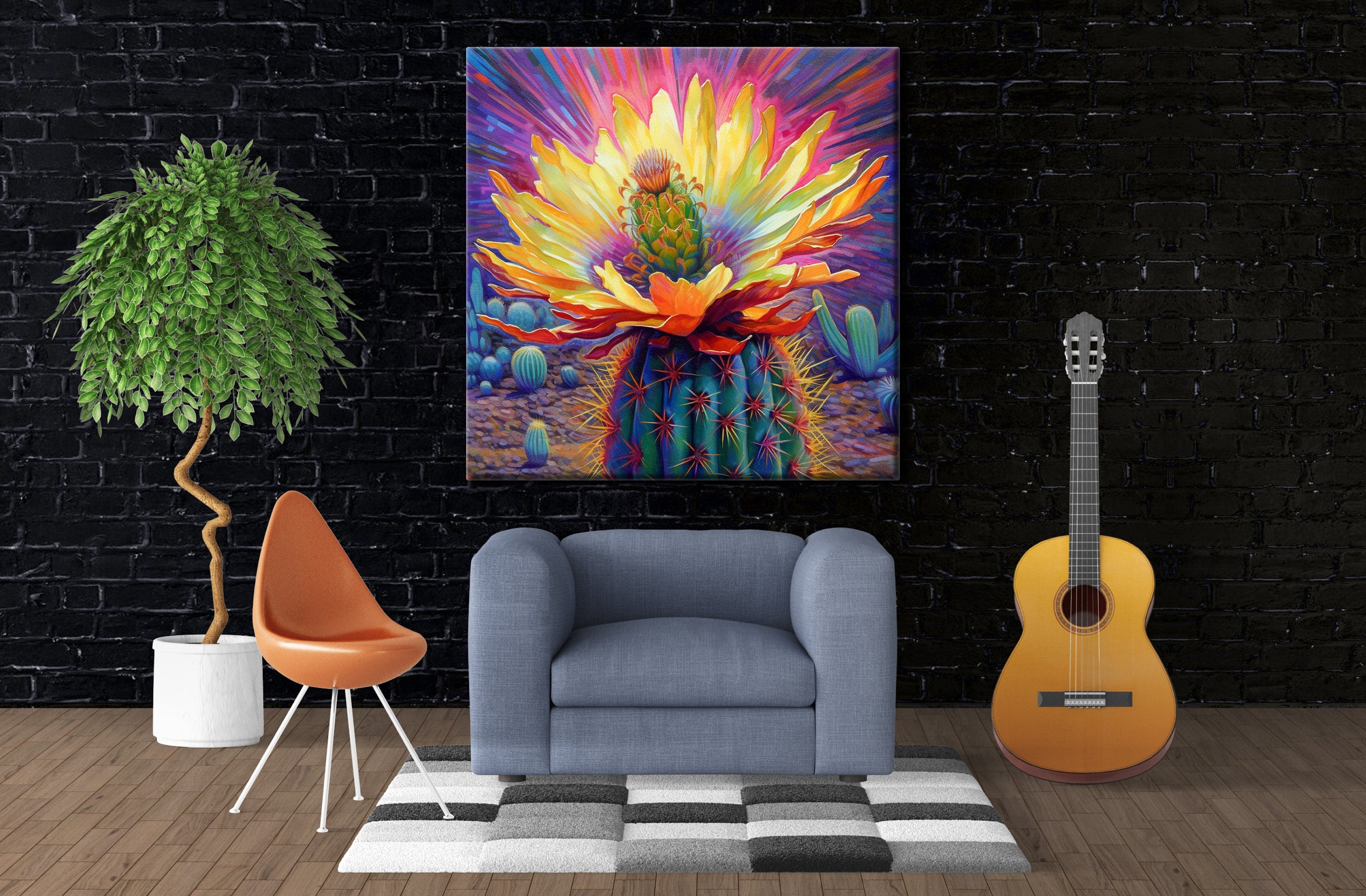 Saguaro Bloom Canvas – Vibrant Desert Cactus Art | Large Colorful Wall Print