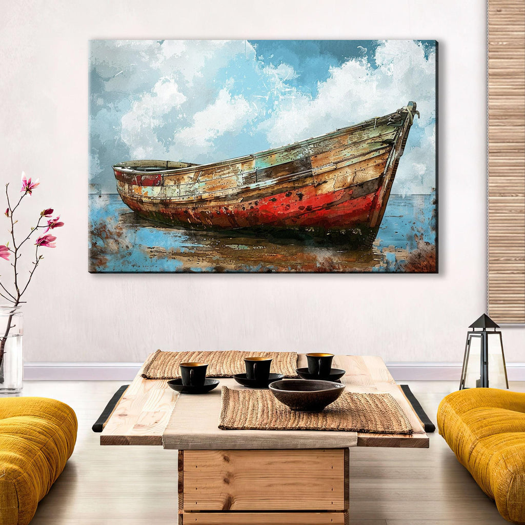 Coastal Boat Wall Art – Large Canvas Art | Old Red White Boat On Gallery Wrapped Canvas