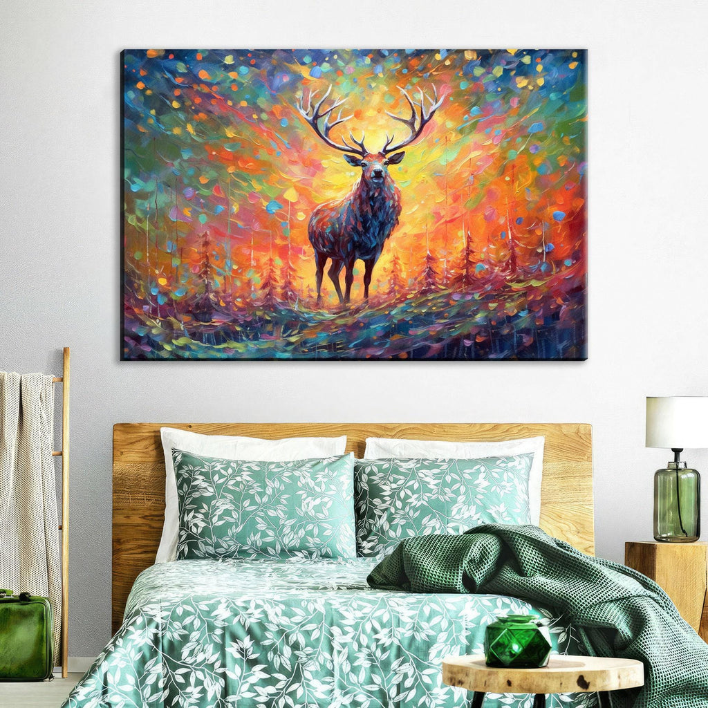Colorful Reindeer Painting - Large Christmas Canvas Art | Rustic Holiday Wall Decor