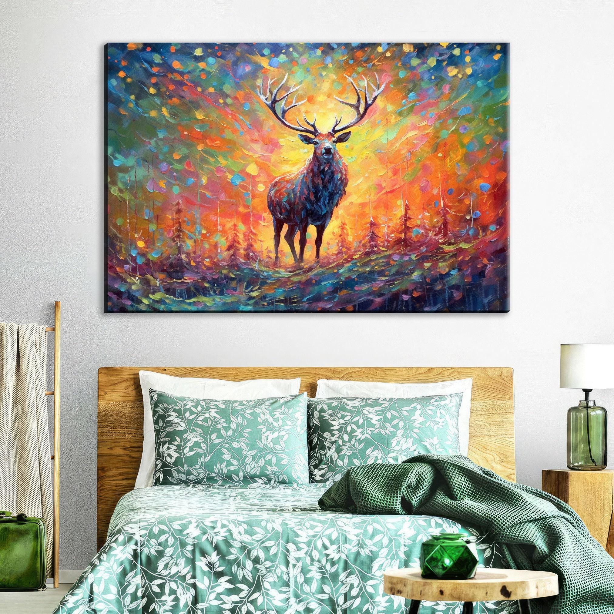 Colorful Reindeer Painting - Large Christmas Canvas Art | Rustic Holiday Wall Decor