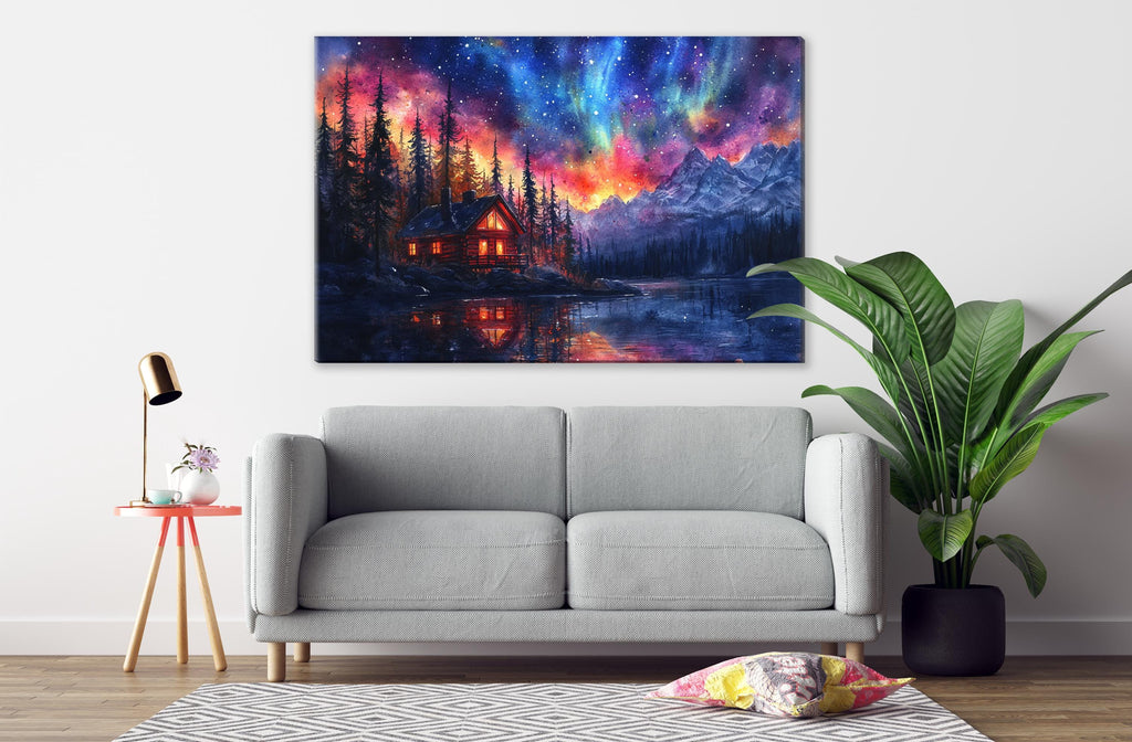 a cozy living room with a gray sofa, a wooden side table with a lamp, and a large painting of a cabin on the wall. The painting depicts a serene mountain landscape with a lake and a starry night sky.