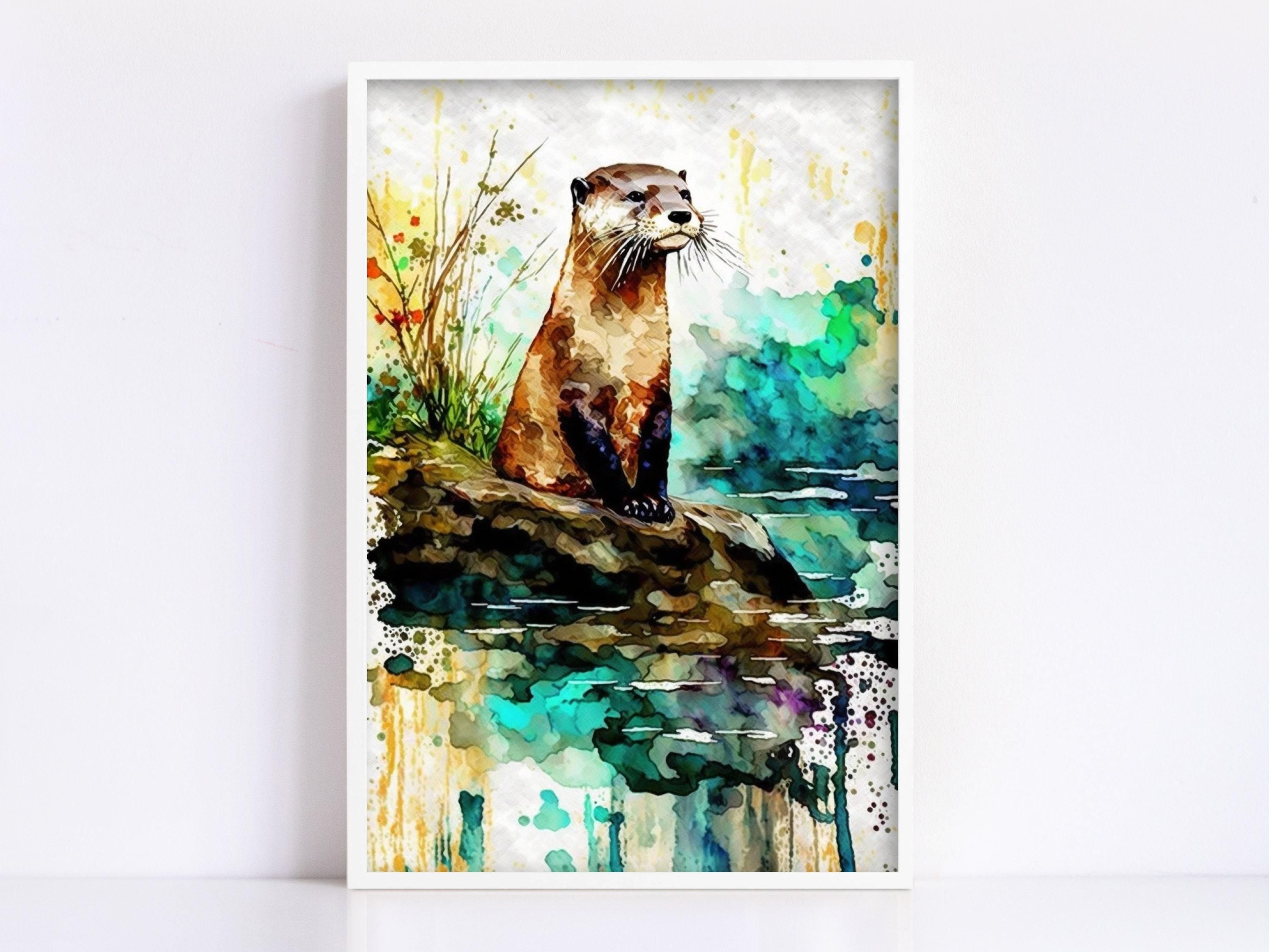 Riverbank Charm: Watercolor River Otter Wall Decor, Giclee Print on Canvas, Artist Paper, Watercolor Paper, Available in Extra Large Sizes