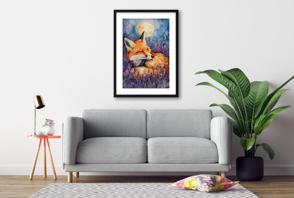 a gray sofa, a framed painting of a fox in a field of flowers, a small table with a lamp, and a potted plant, all arranged in a cozy living room setting.
