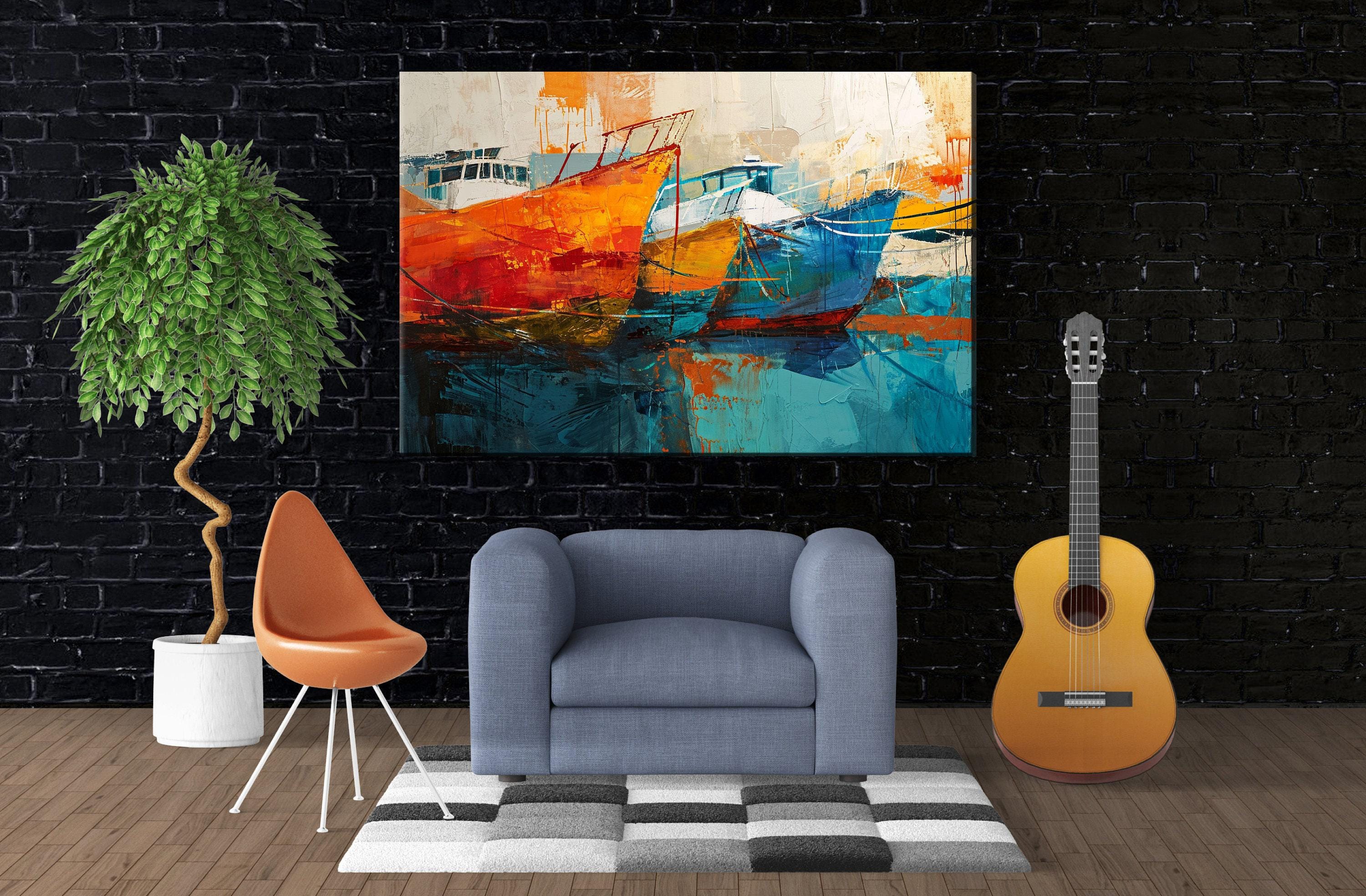 Nautical Canvas Art - Large Sailboat Canvas Print | Blue Orange Harbor Scene