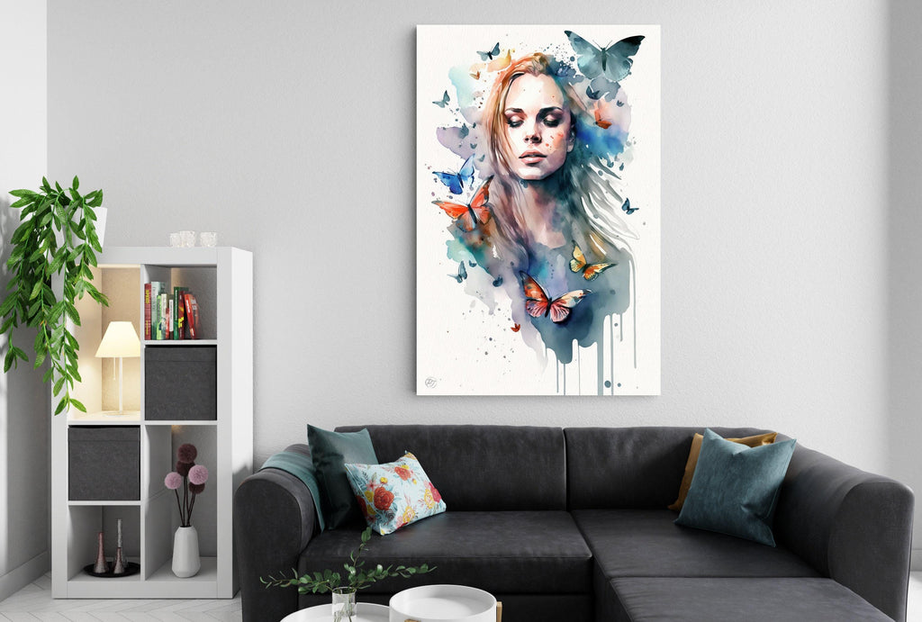 Dreamlike Elegance: Woman with Butterflies Watercolor Painting, Giclee Canvas, Artist and Watercolor Paper, Available in Extra Large Sizes