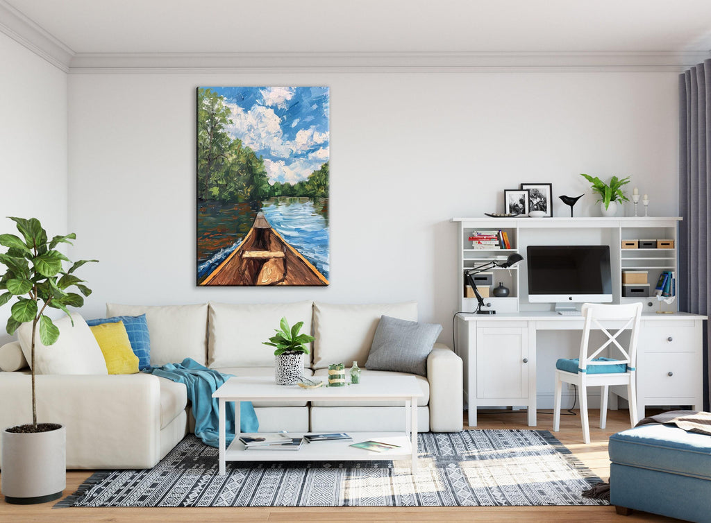 Canoe Lake Art - Large Canvas Art | Gallery Wrapped, Extra Large Rustic Lake Painting