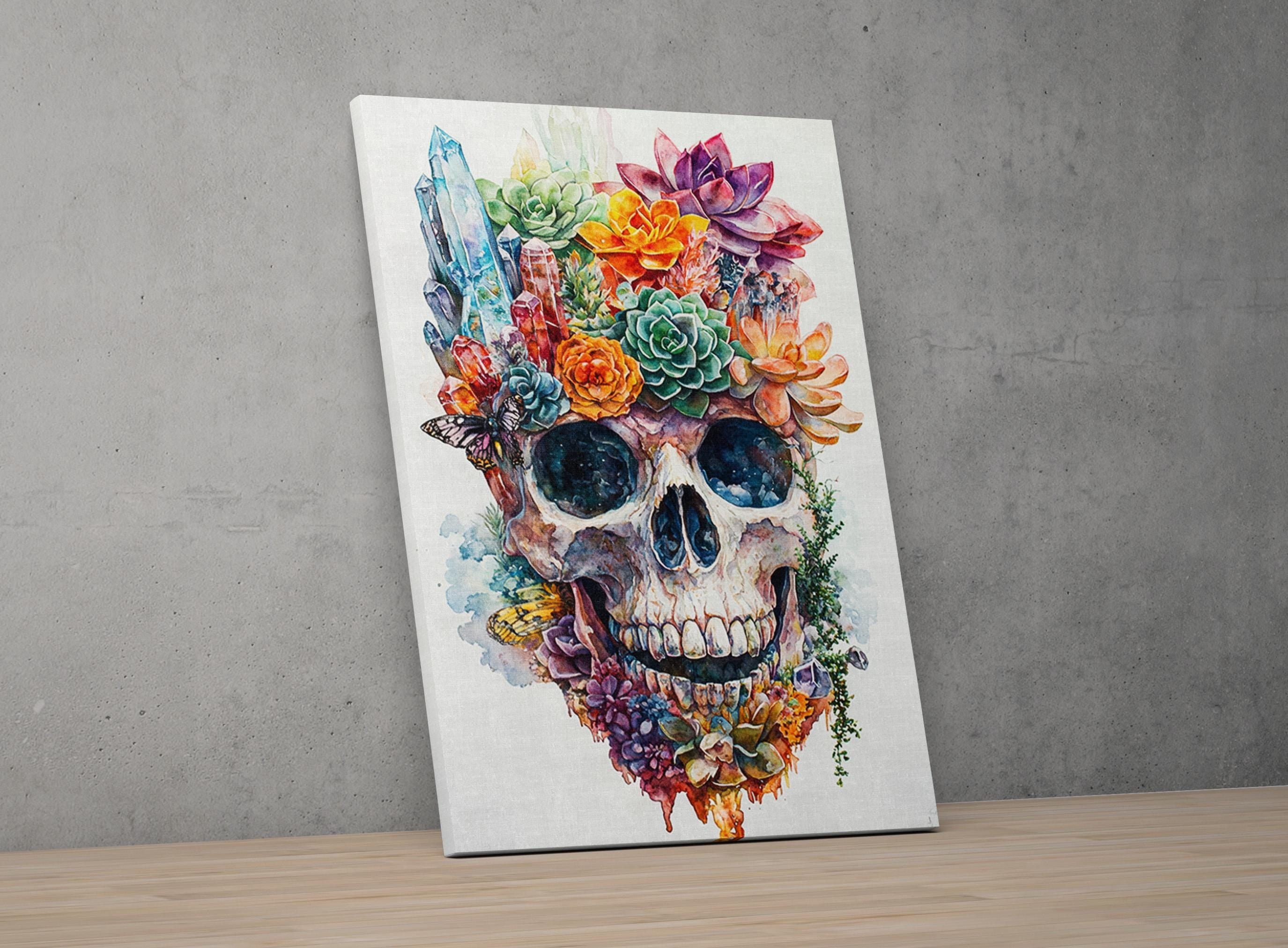 A colorful and vibrant painting of a skull adorned with various flowers and plants, creating a striking and visually captivating piece of art.