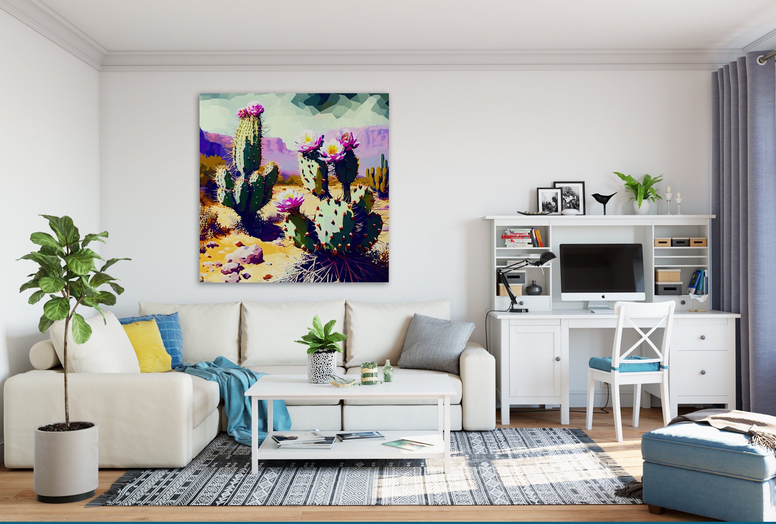 Desert Cactus Art – Purple Green Cactus Blossom on Gallery Wrapped Canvas, Ready to Hang