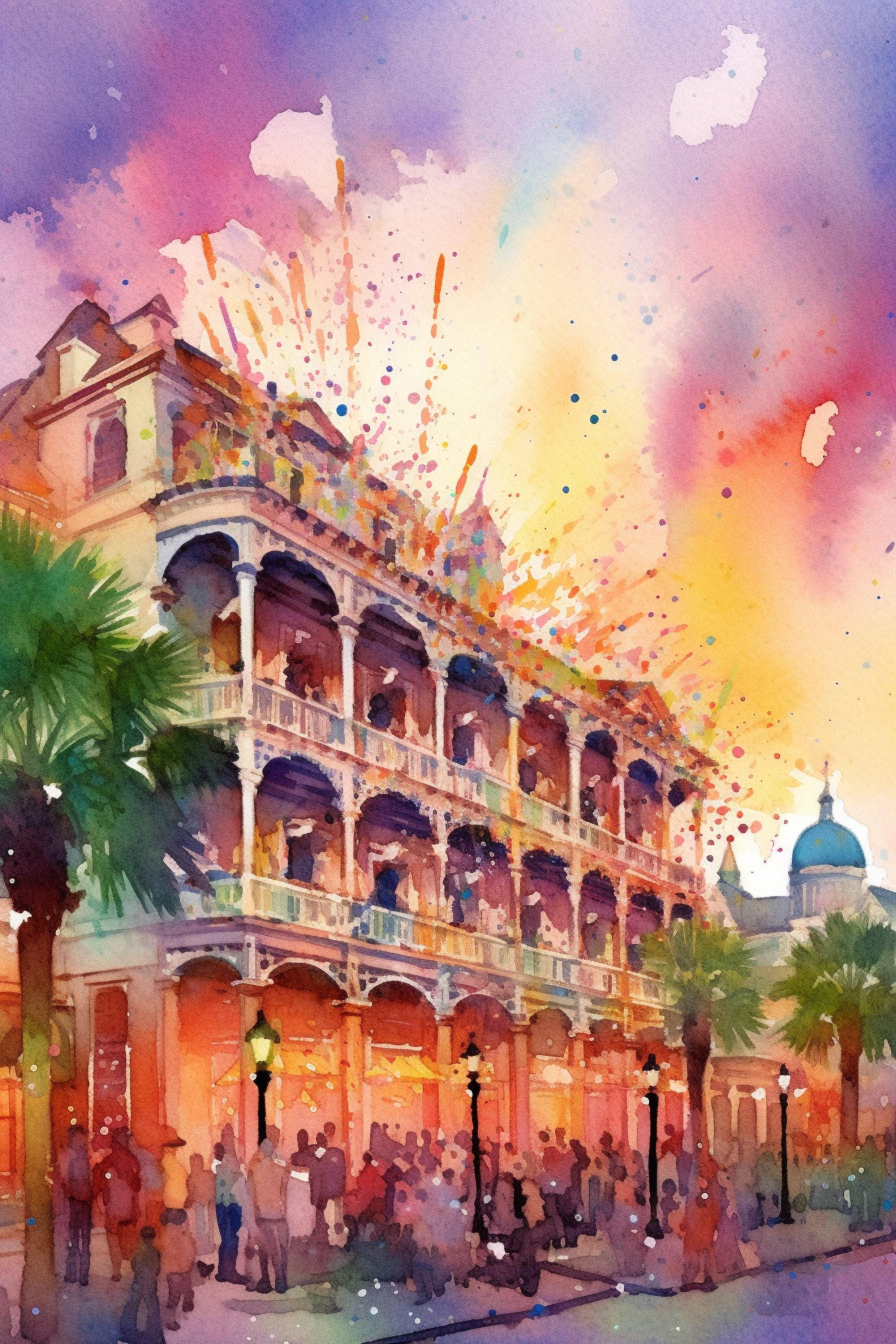 Dazzling New Orleans Mardi Gras Carnival Watercolor, Giclee Print on Canvas, Artist Paper, Watercolor Paper, Available in Extra Large Sizes