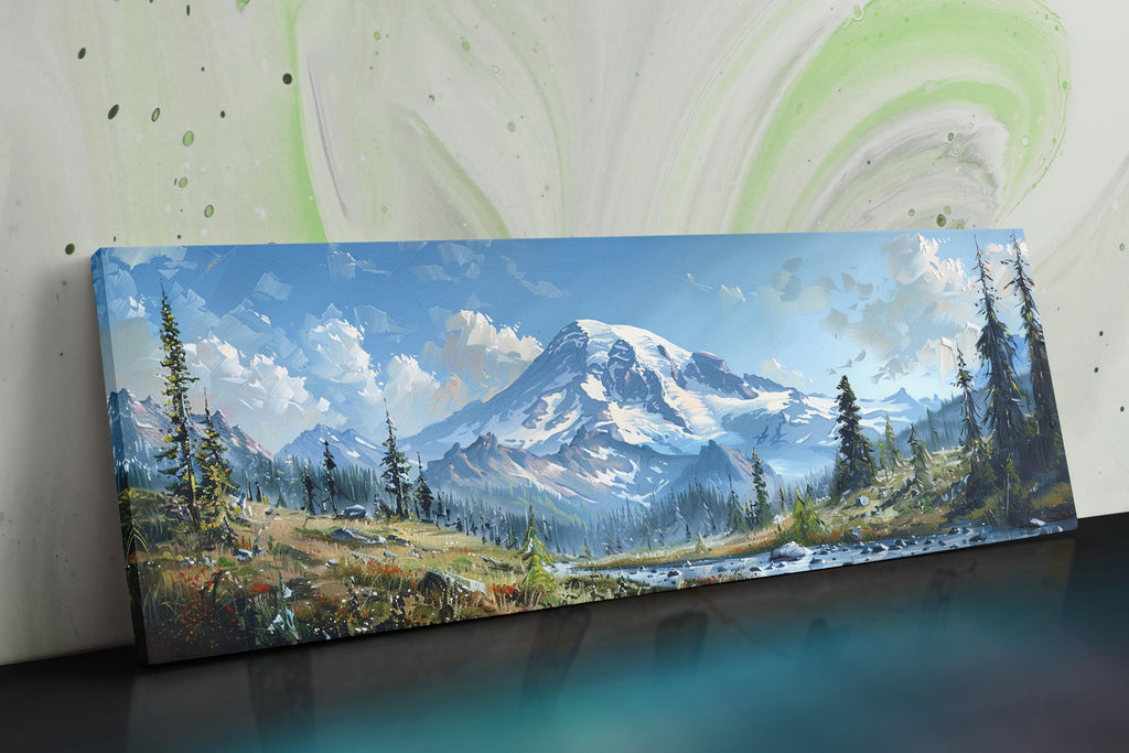 The image is a painting depicting a serene mountain landscape with snow-capped peaks, lush forests, and a winding river.