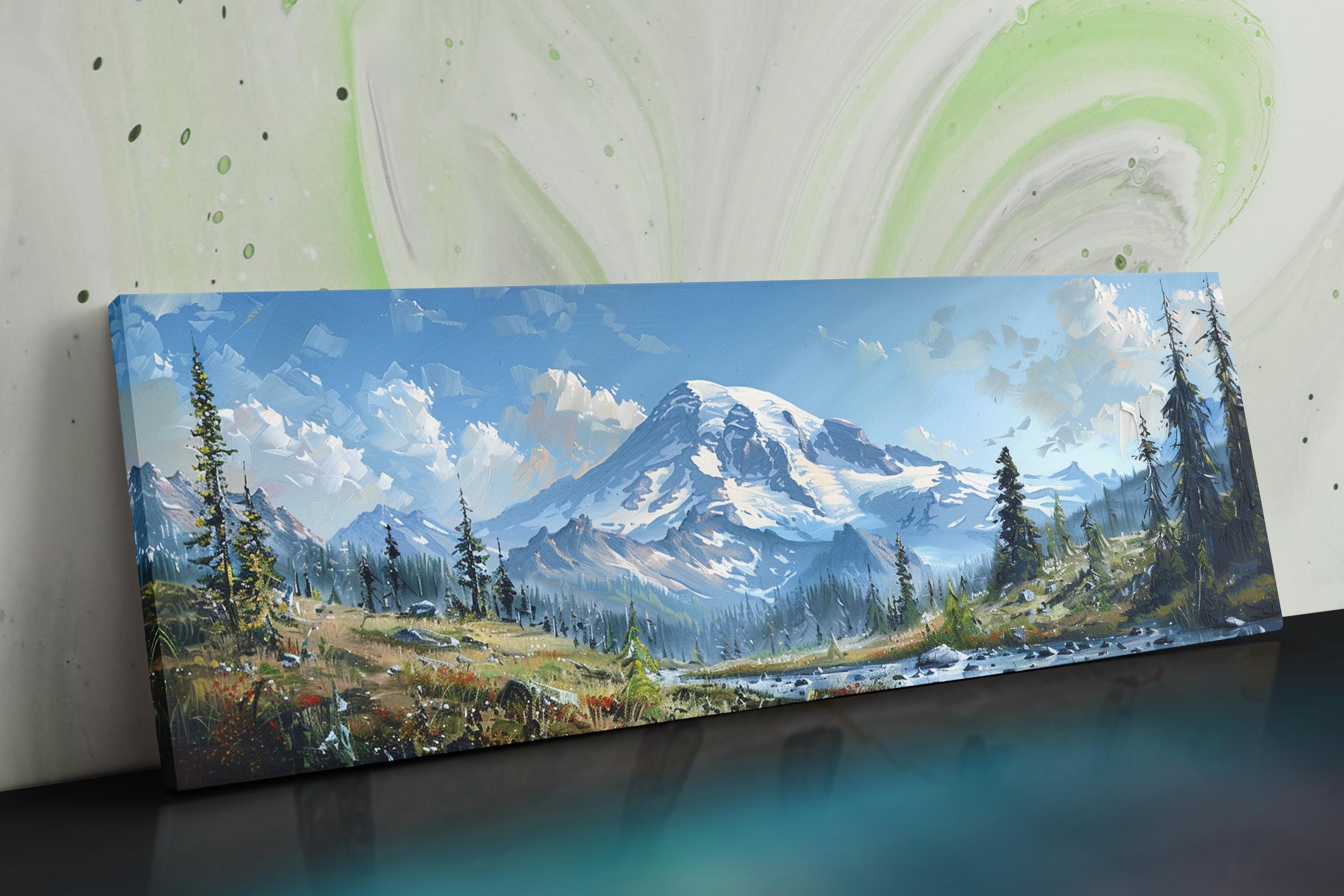 The image is a painting depicting a serene mountain landscape with snow-capped peaks, lush forests, and a winding river.
