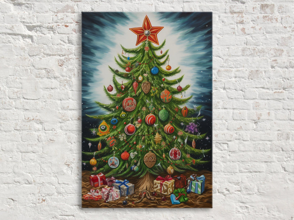 Christmas Tree Illustration - Whimsical Holiday Art on Gallery Wrapped Canvas, Extra Large