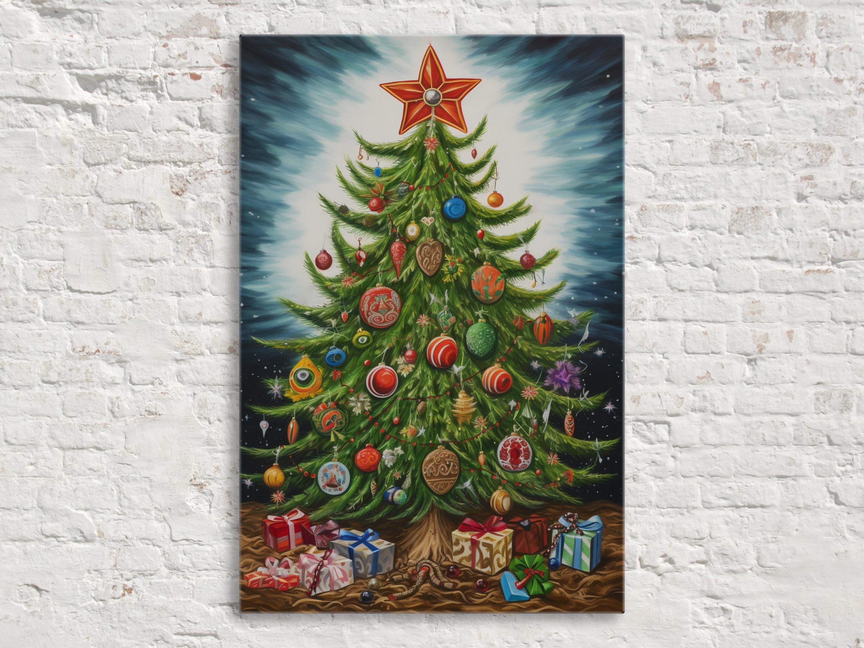 Christmas Tree Illustration - Whimsical Holiday Art on Gallery Wrapped Canvas, Extra Large