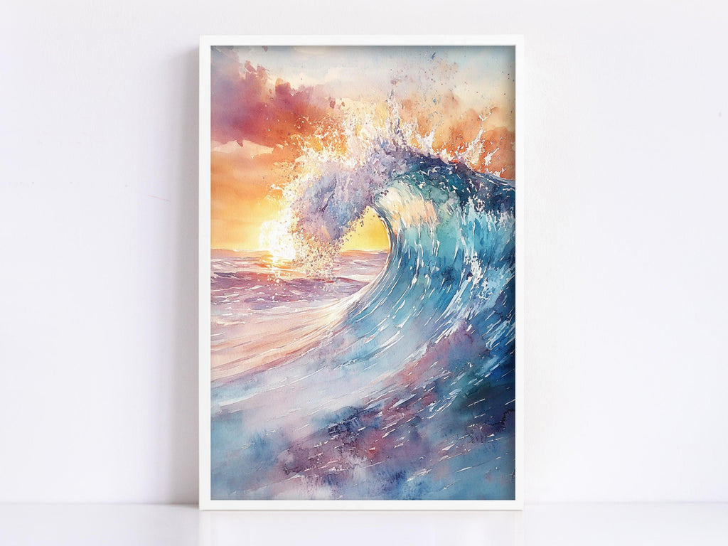 The image is a vibrant watercolor painting depicting a large, crashing wave with a dramatic sunset in the background.