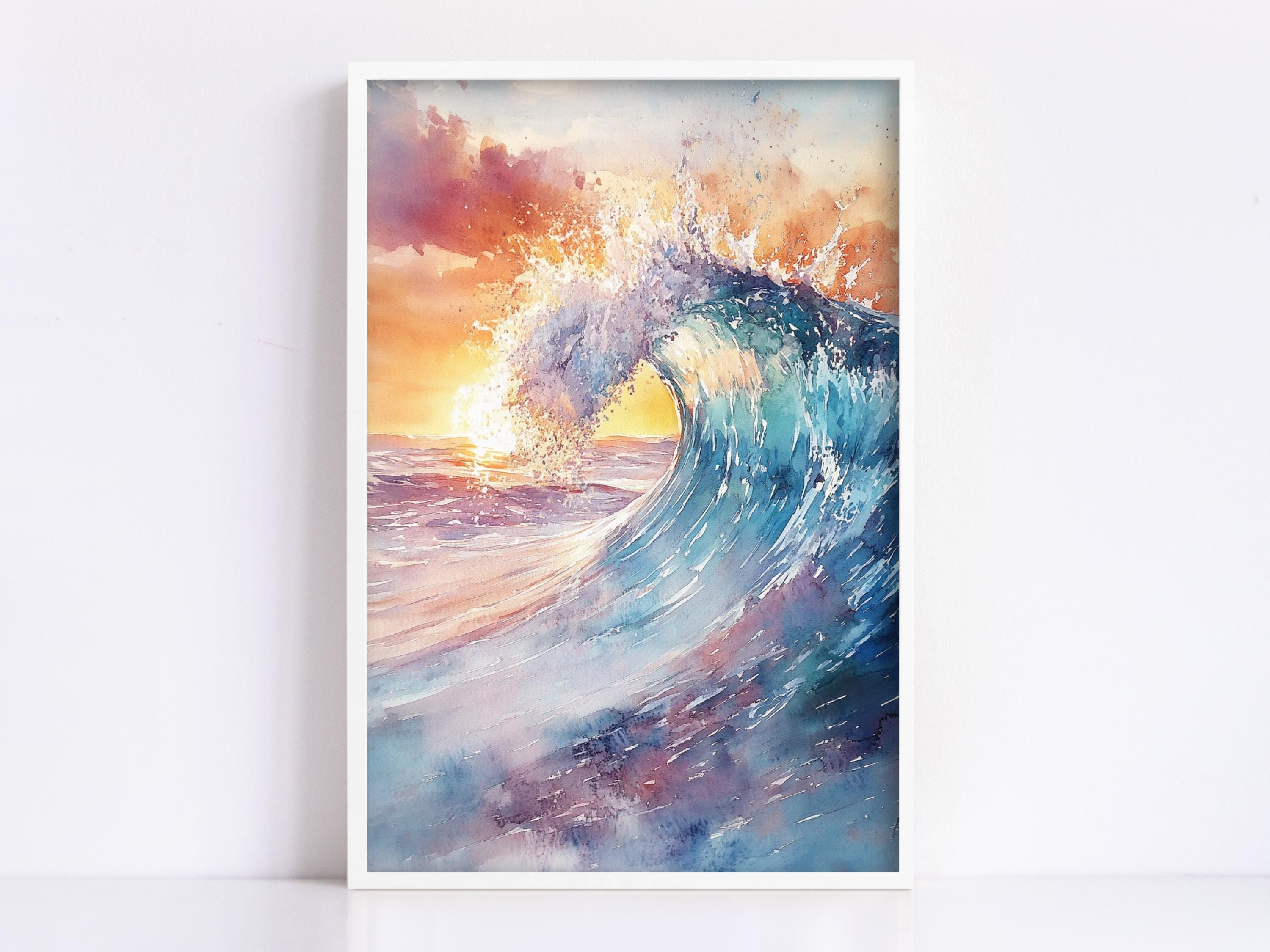 The image is a vibrant watercolor painting depicting a large, crashing wave with a dramatic sunset in the background.