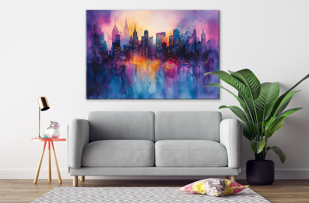 a living room with a gray sofa, a potted plant, and a large painting of a city skyline hanging on the wall.