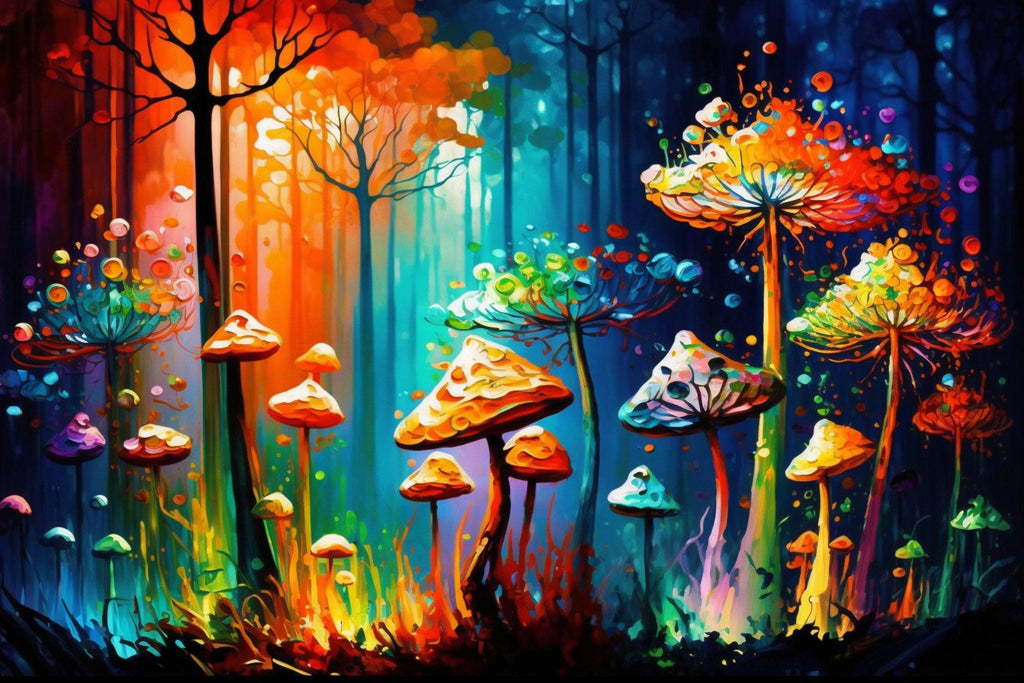 Psychedelic Mushroom Art - Magic Mushrooms Canvas | Glowing Trip Painting Print