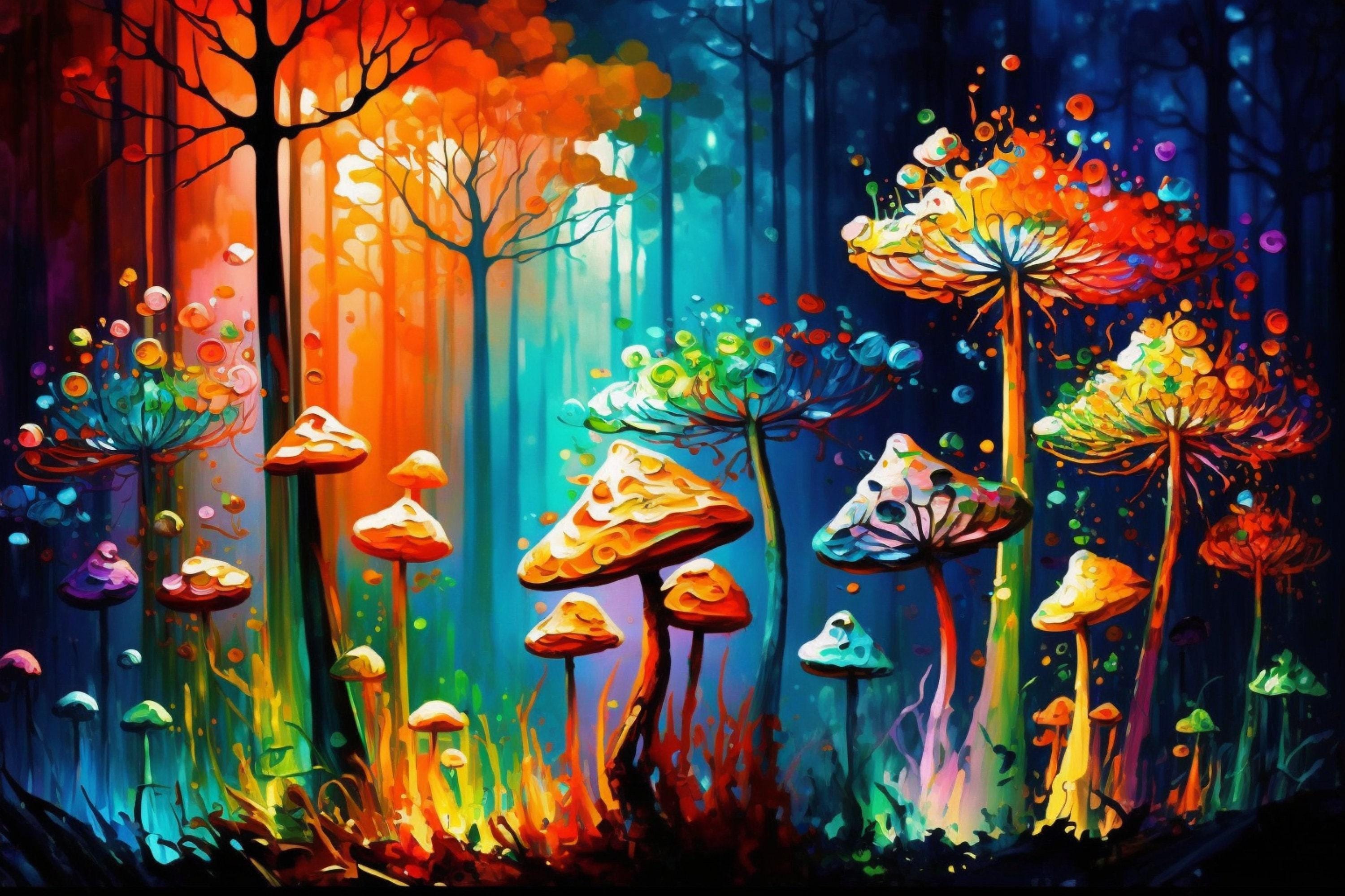 Psychedelic Mushroom Art - Magic Mushrooms Canvas | Glowing Trip Painting Print