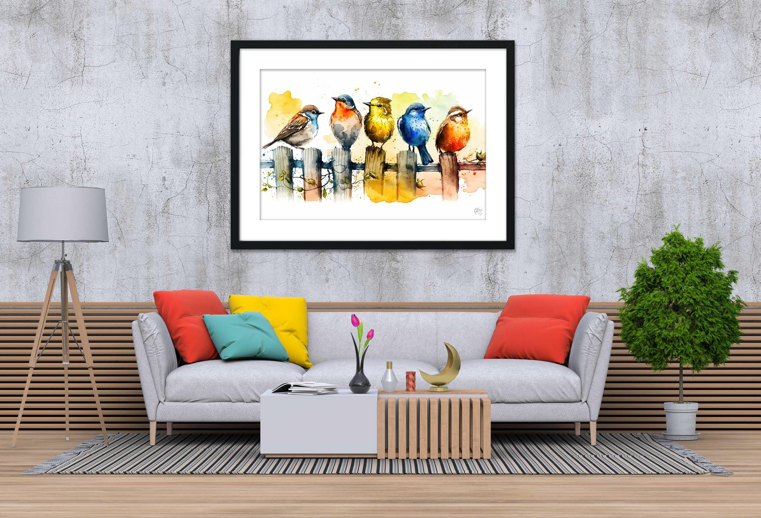 Birds Watercolor Art Print, Colorful Canvas Print, Nature Animals Framed Wall Art