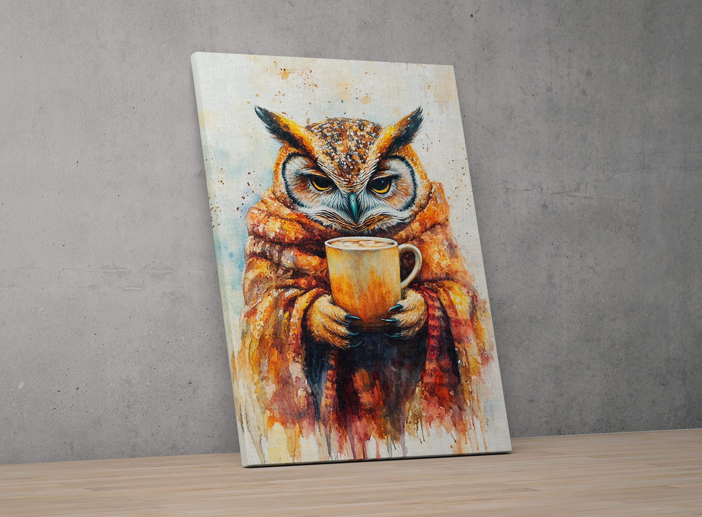 A painting of an owl holding a cup of coffee, with a warm and cozy atmosphere.